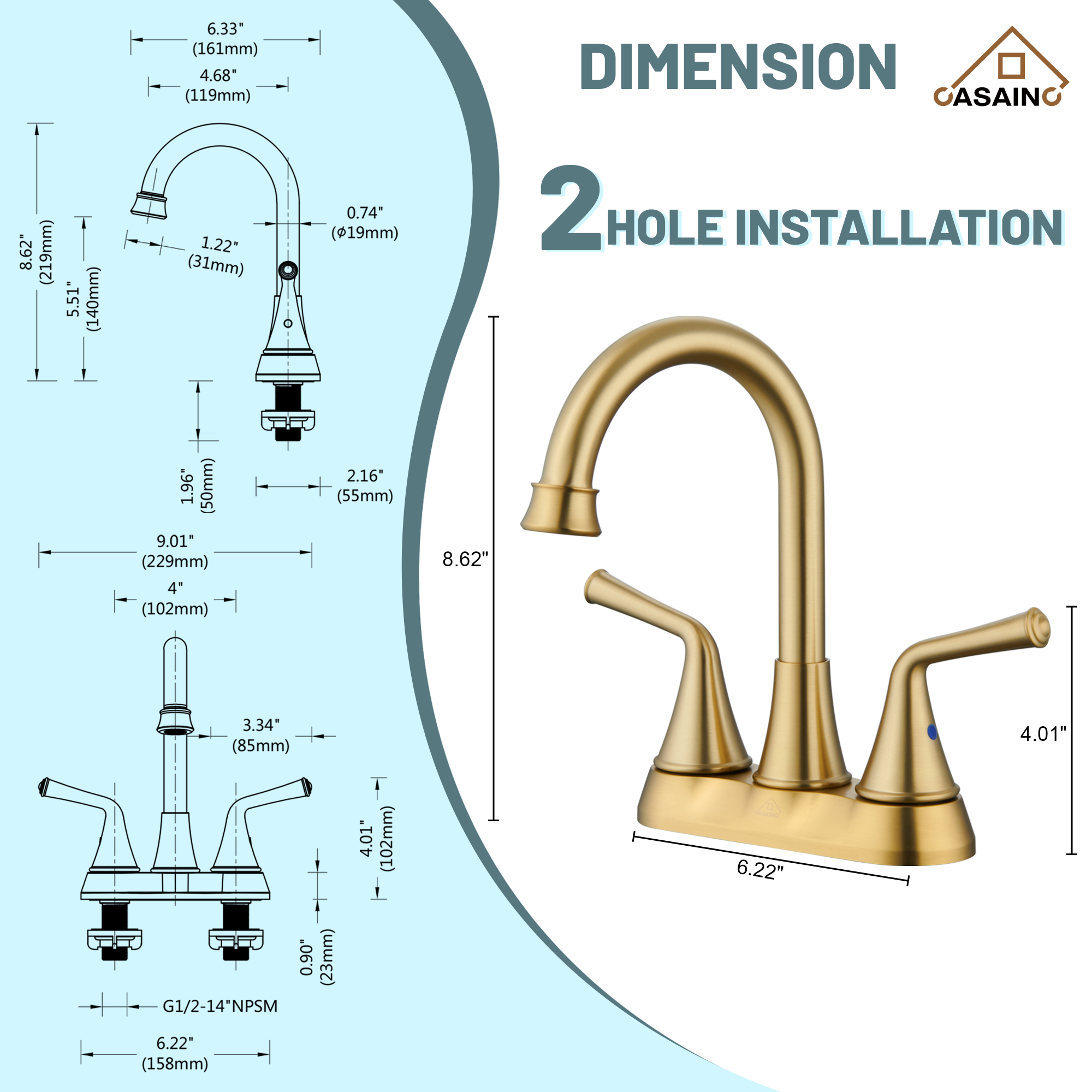 Casainc 4 Inch 2-Handle Centerset Bathroom Faucet for Bathroom Sink Vanity Faucet 360° Swivel Spout