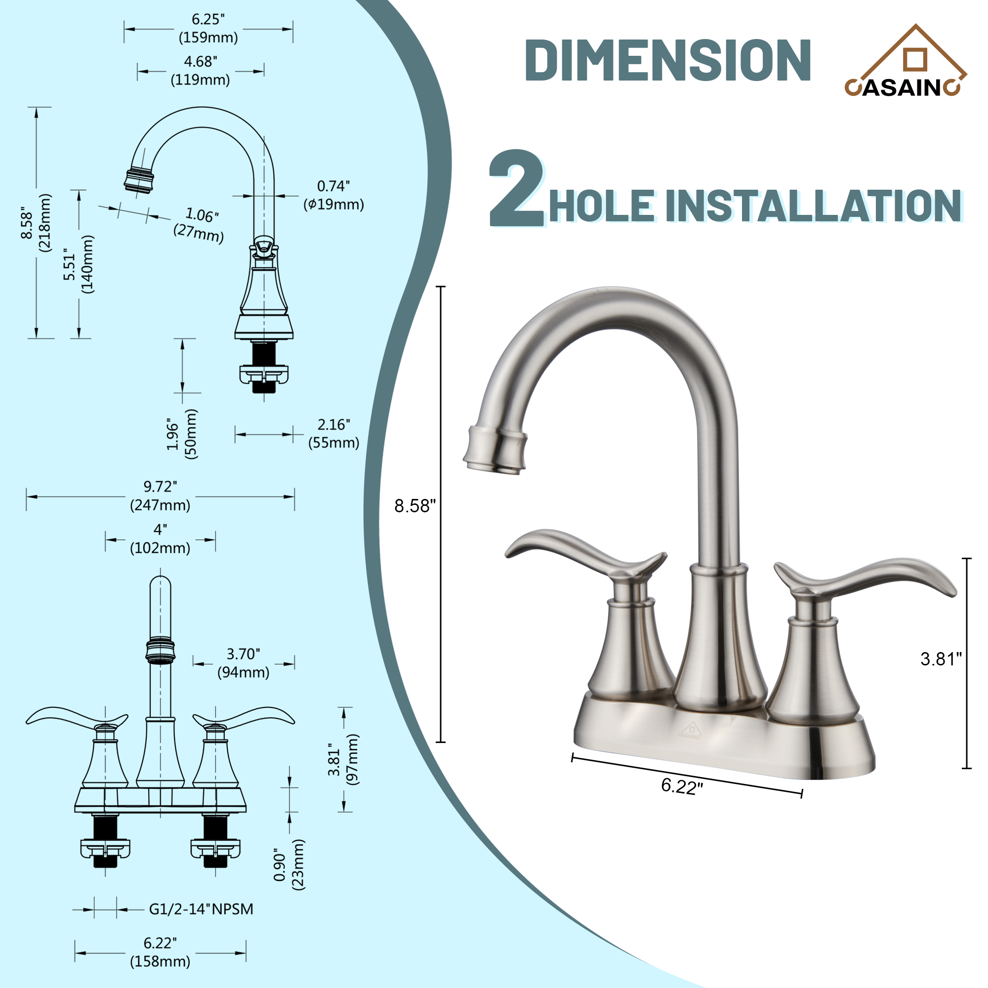 Casainc 2-Handle Centerset Bathroom Faucet for Bathroom Sink Vanity Faucet 360° Swivel Spout