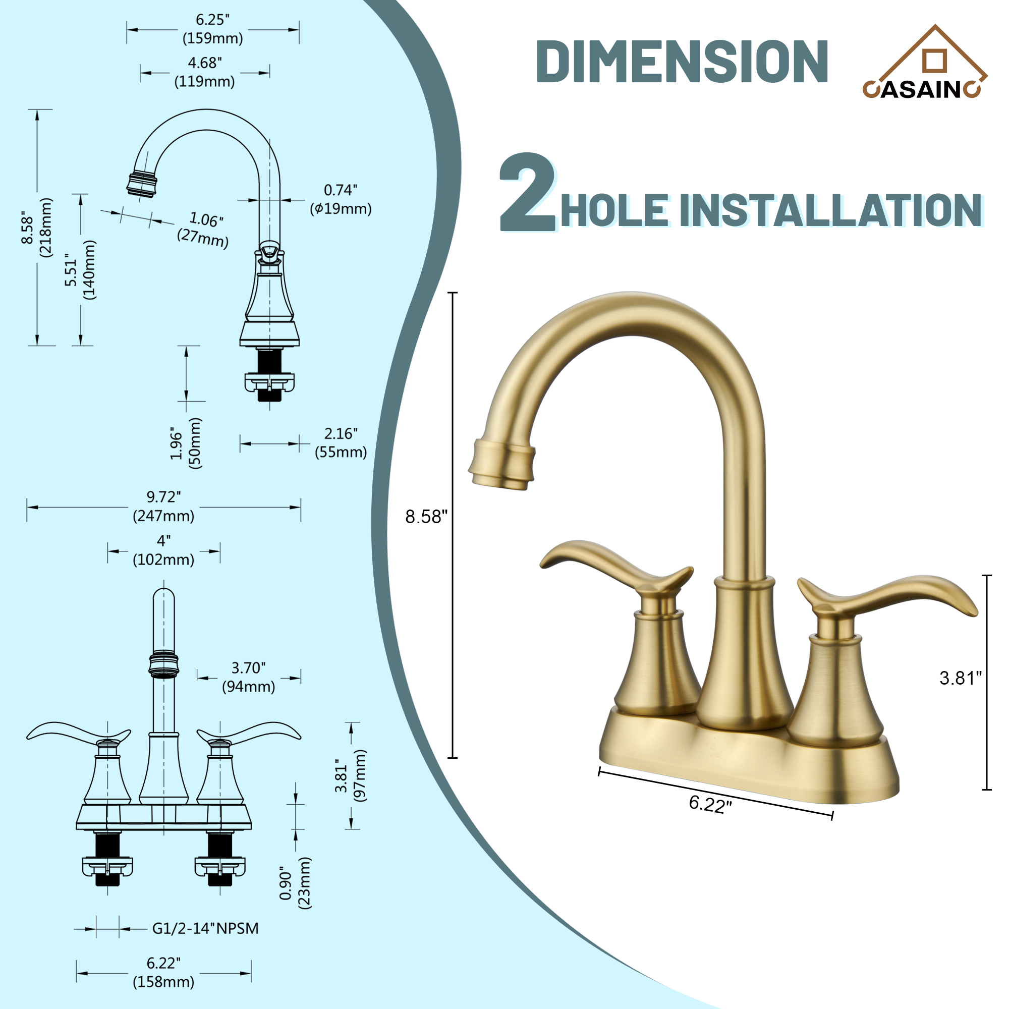 Casainc 2-Handle Centerset Bathroom Faucet for Bathroom Sink Vanity Faucet 360° Swivel Spout