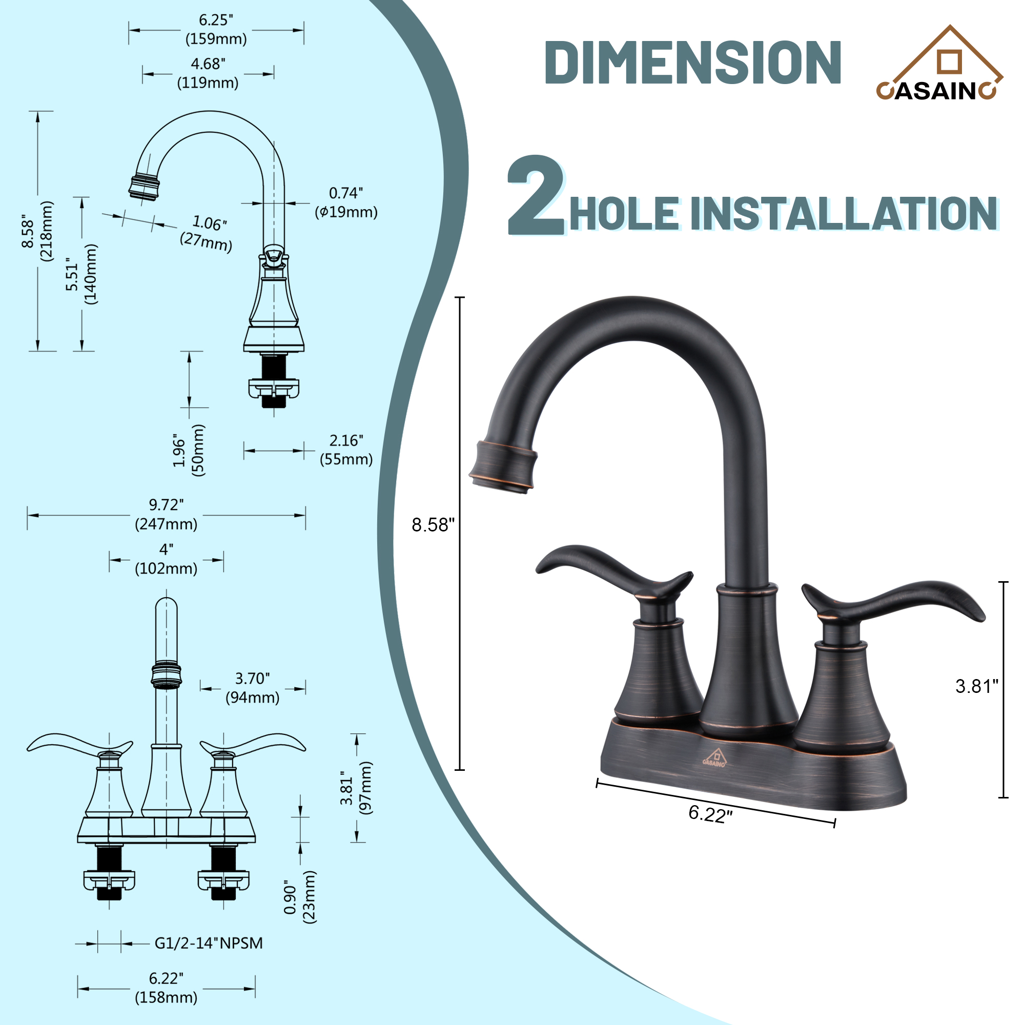 Casainc 2-Handle Centerset Bathroom Faucet for Bathroom Sink Vanity Faucet 360° Swivel Spout
