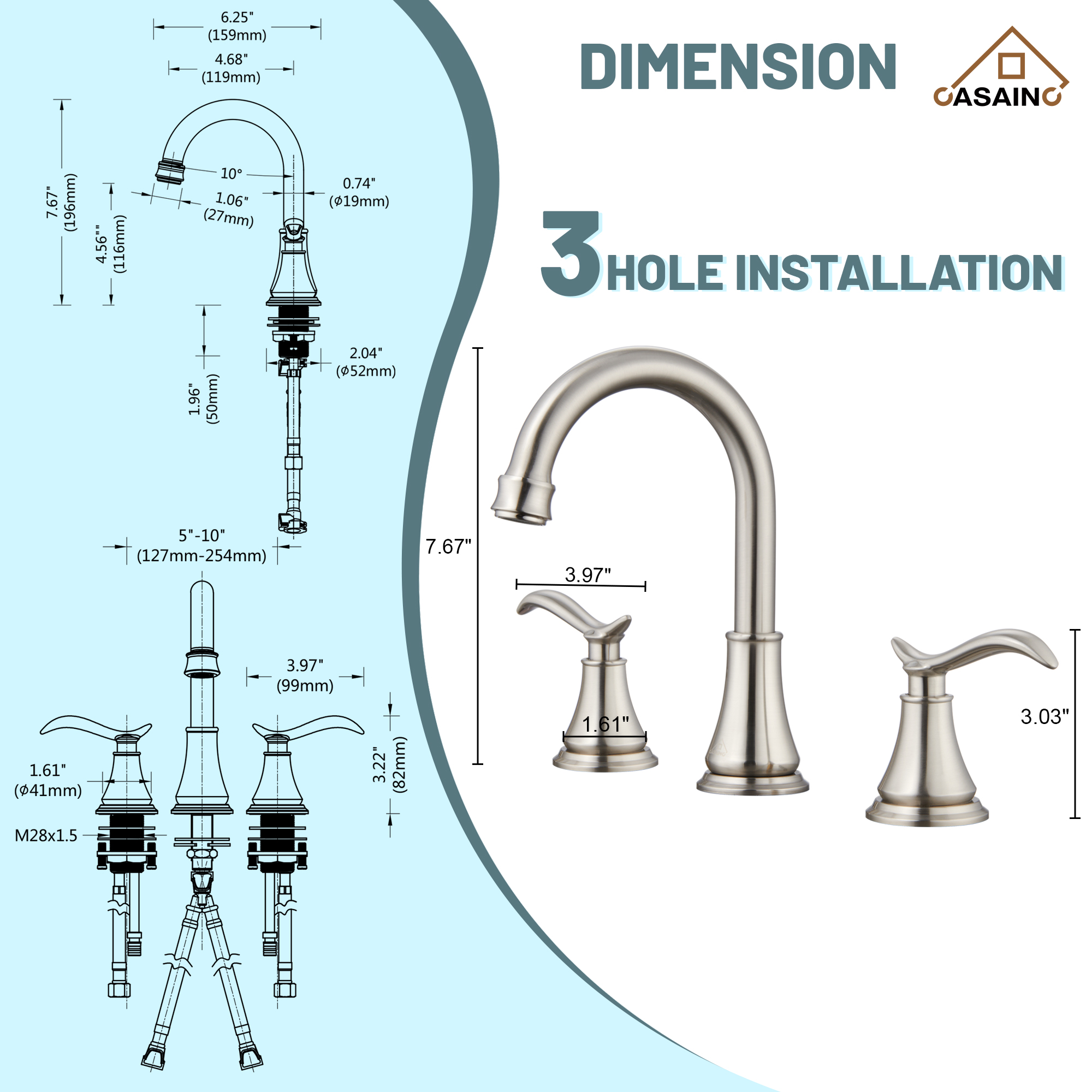 Casainc 8" Brass Bathroom Sink Faucet 2 Handle 3 Hole Gold Bathroom Faucet for Bathroom Sink with Pop-up Drain Assembly Widespread Vanity Faucets 360° Swivel Spout