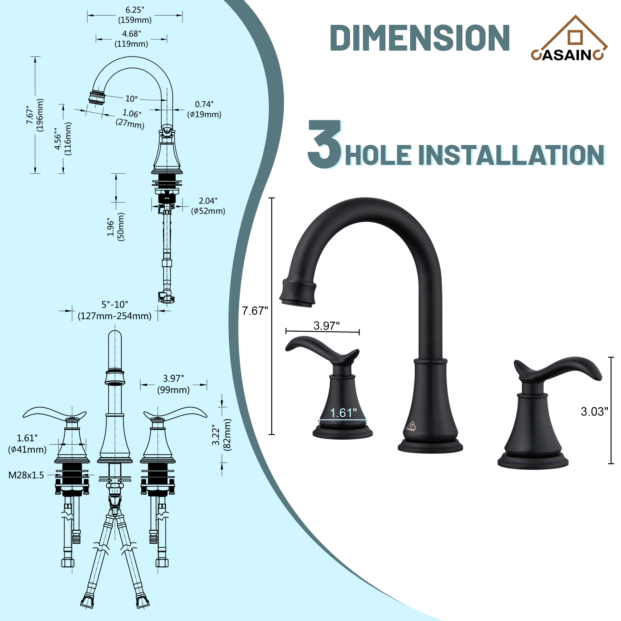 Casainc 8" Brass Bathroom Sink Faucet 2 Handle 3 Hole Gold Bathroom Faucet for Bathroom Sink with Pop-up Drain Assembly Widespread Vanity Faucets 360° Swivel Spout