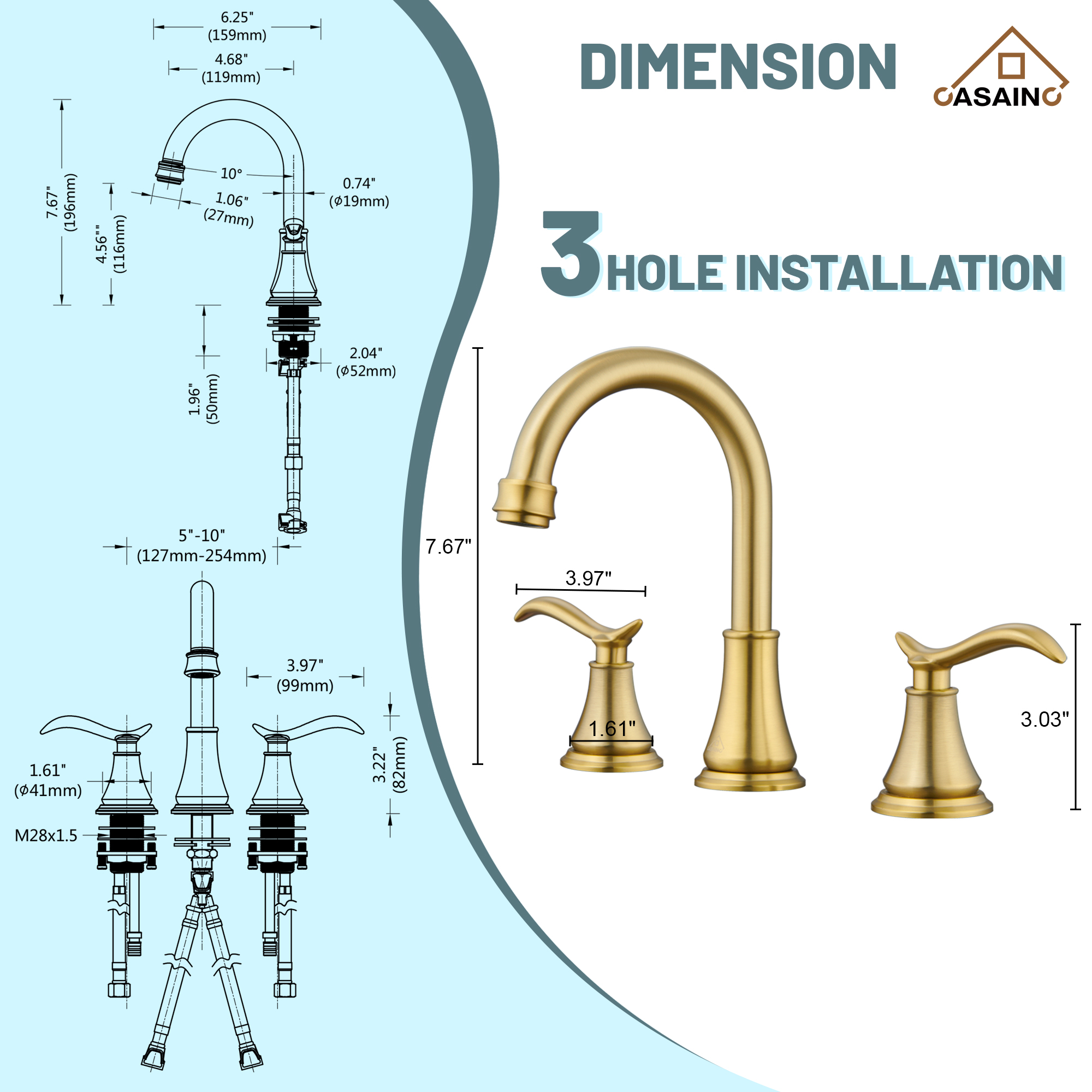 Casainc 8" Brass Bathroom Sink Faucet 2 Handle 3 Hole Gold Bathroom Faucet for Bathroom Sink with Pop-up Drain Assembly Widespread Vanity Faucets 360° Swivel Spout