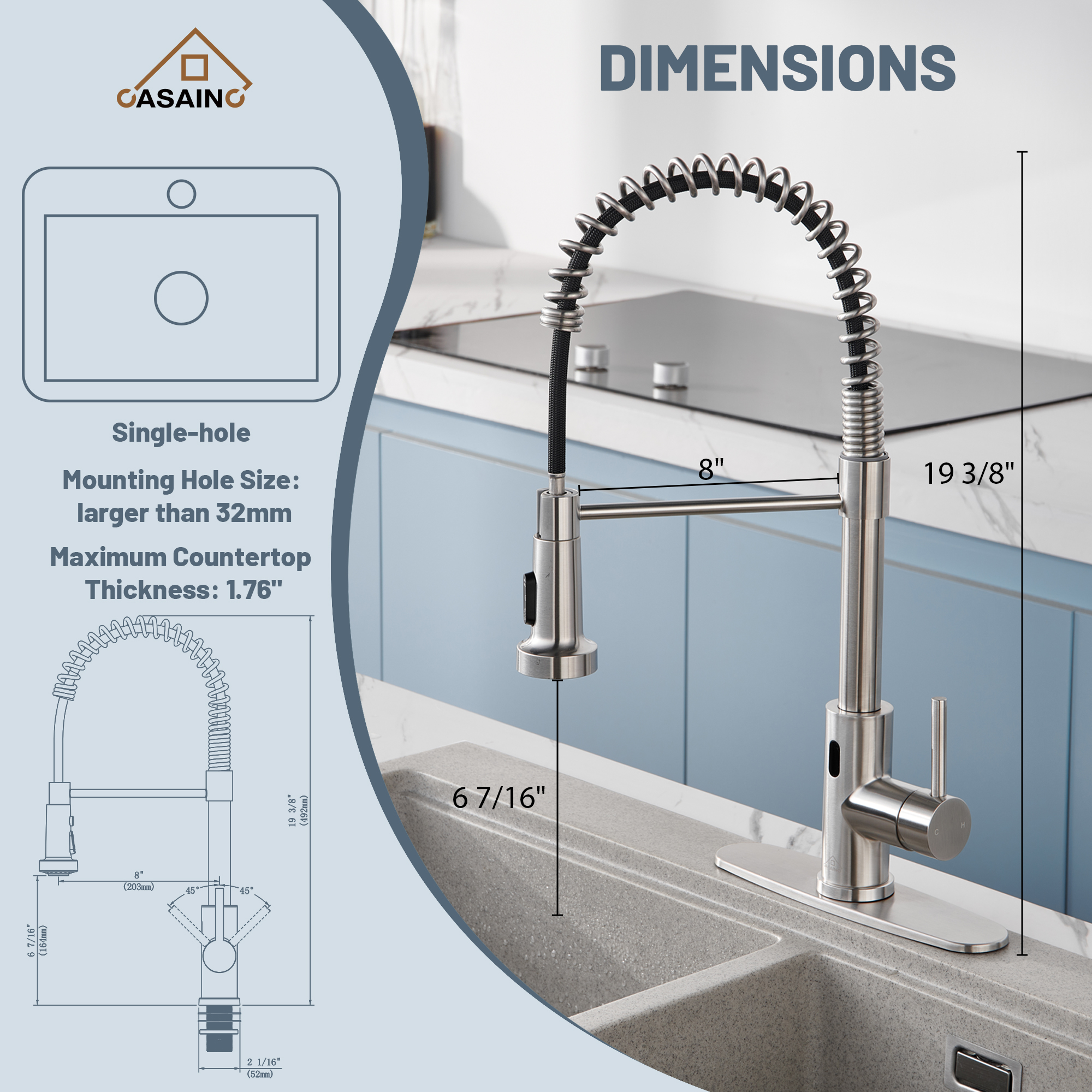3-Mode Single Handle Pull-Down Sprayer Kitchen Faucet with Touchless Sensor and Includes Deckplate