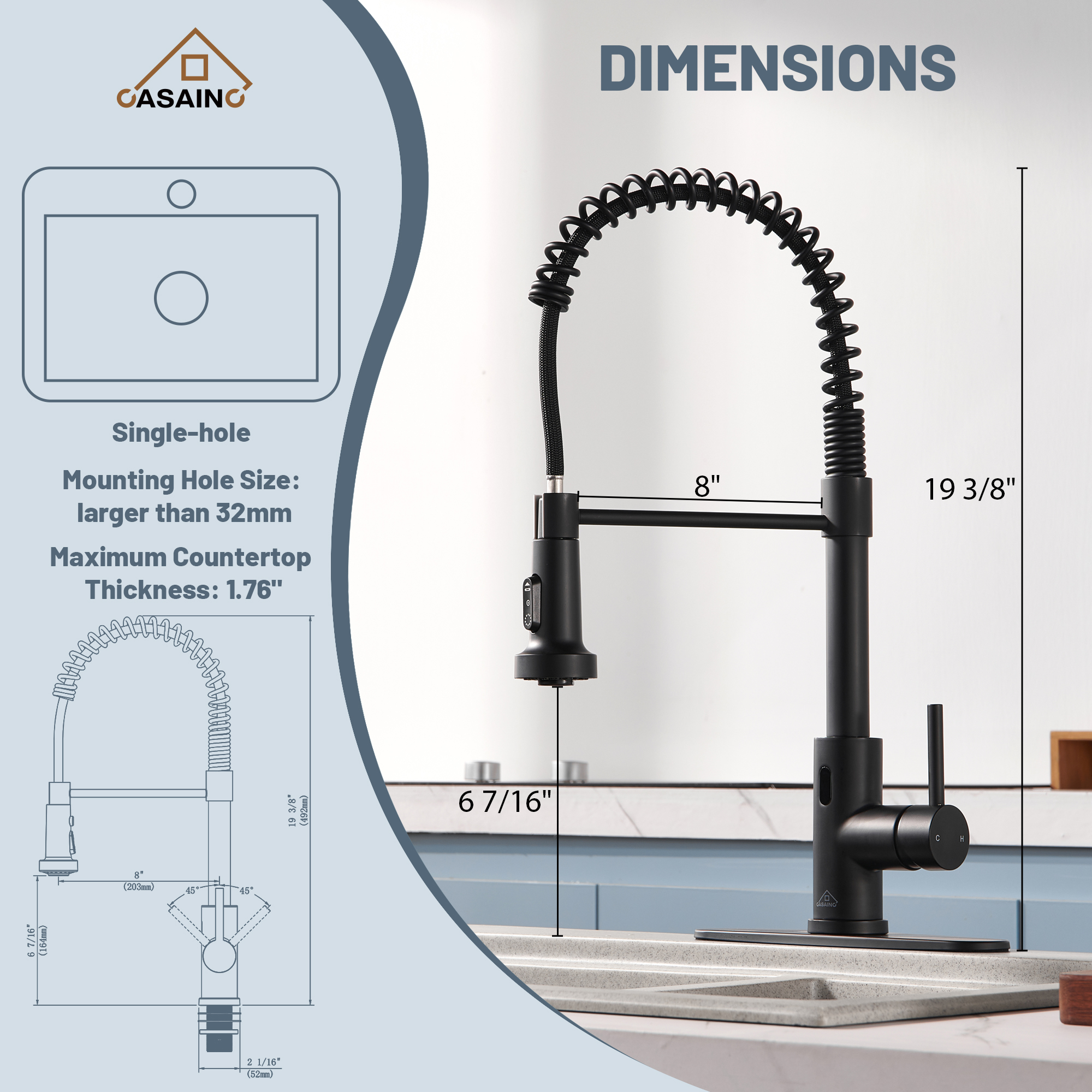 3-Mode Single Handle Pull-Down Sprayer Kitchen Faucet with Touchless Sensor and Includes Deckplate