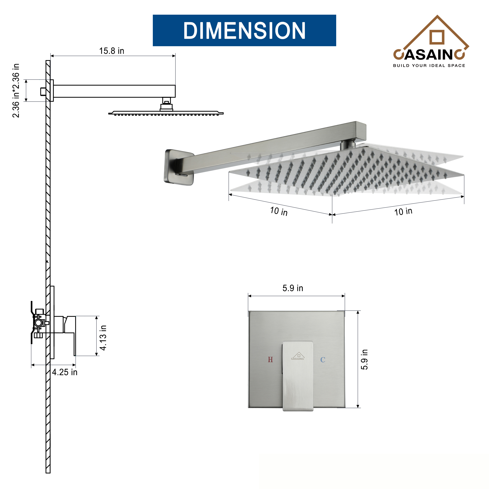 Rainfall Shower System 10" Wall Mount Single Function Showerhead