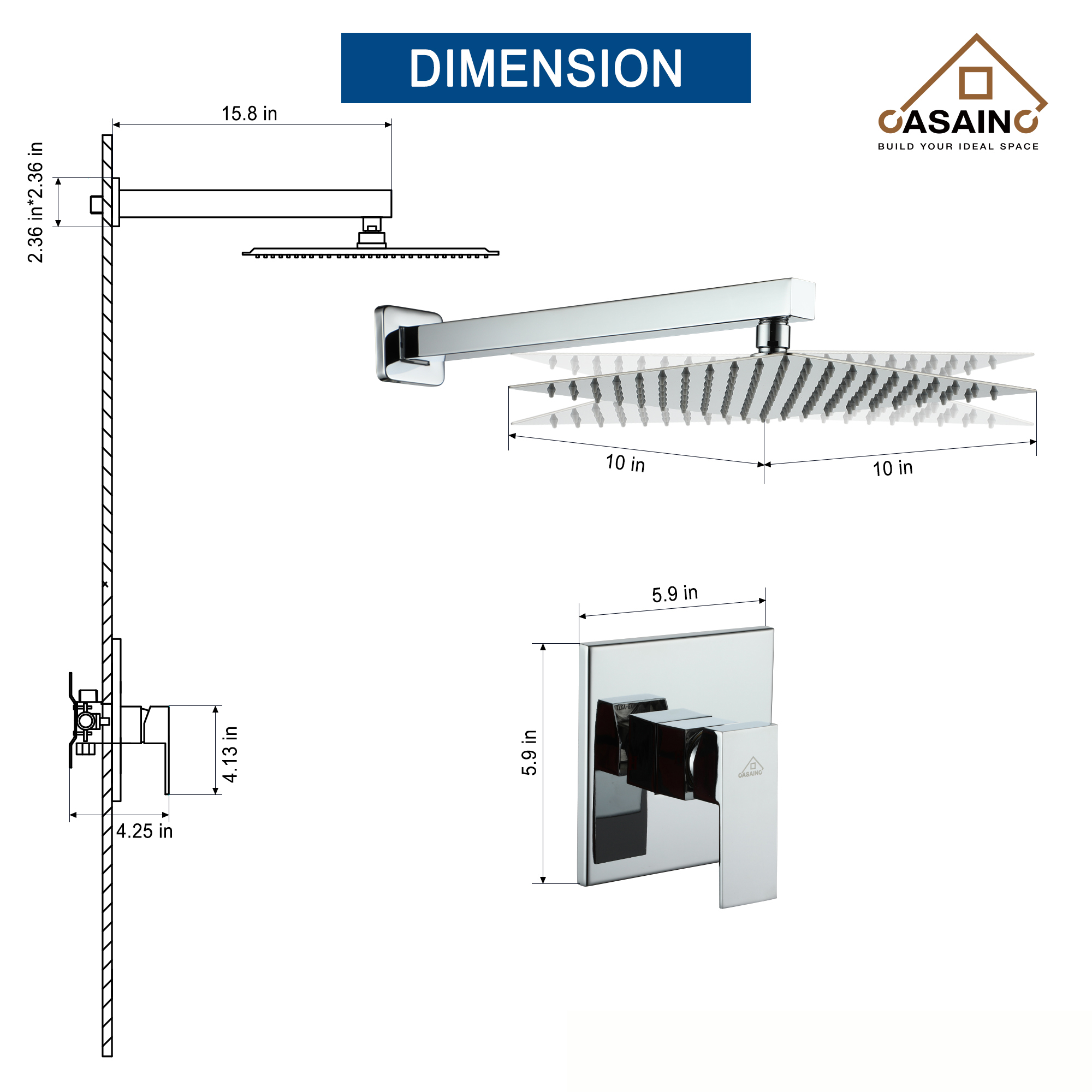 Rainfall Shower System 10" Wall Mount Single Function Showerhead
