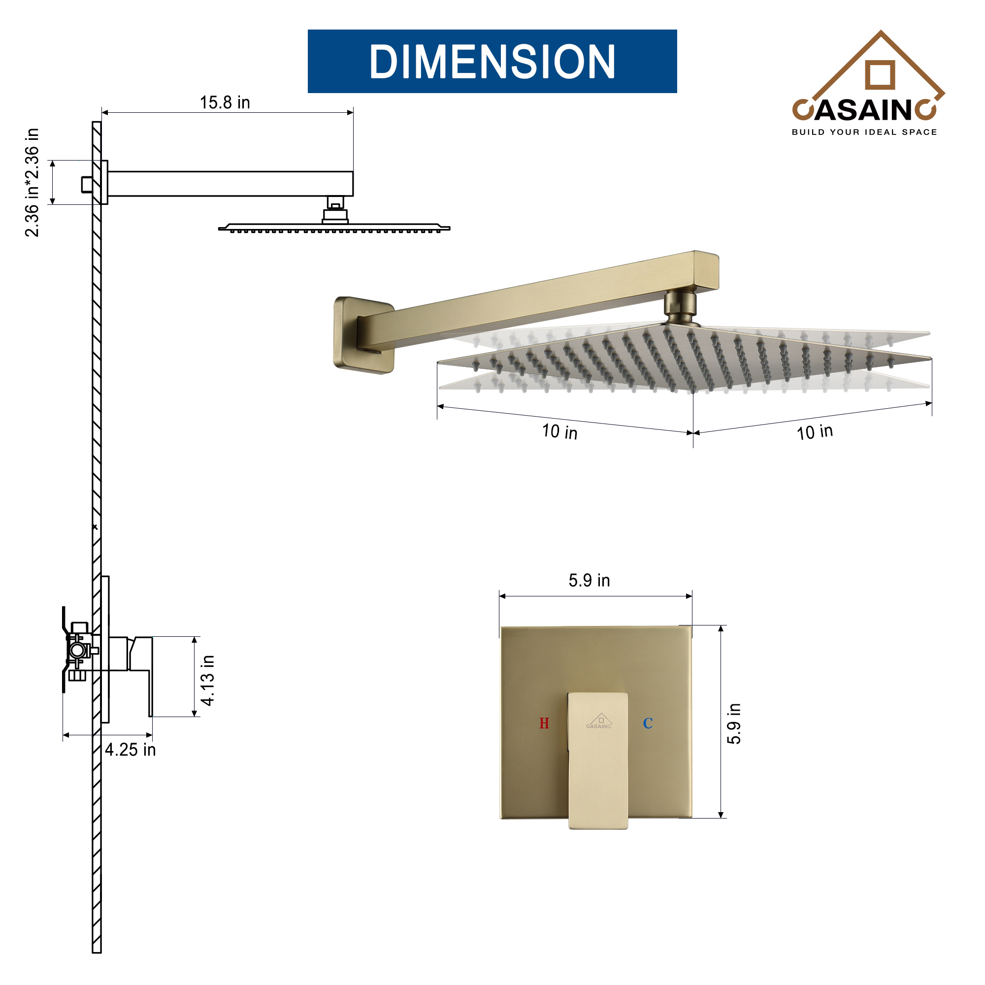 Rainfall Shower System 10" Wall Mount Single Function Showerhead