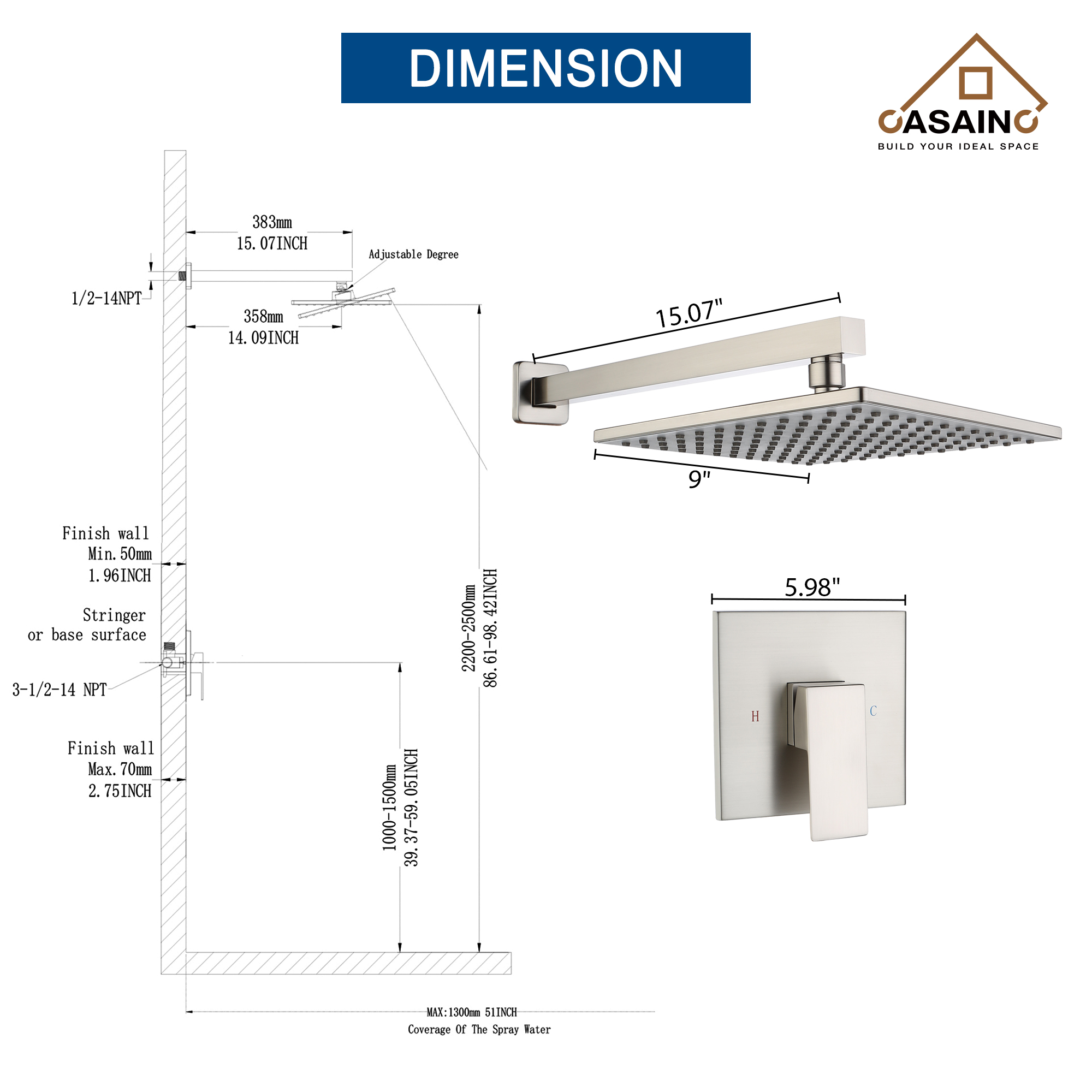 9" Wall Mount Rain Shower Head System Single Faucet (Valve Included)