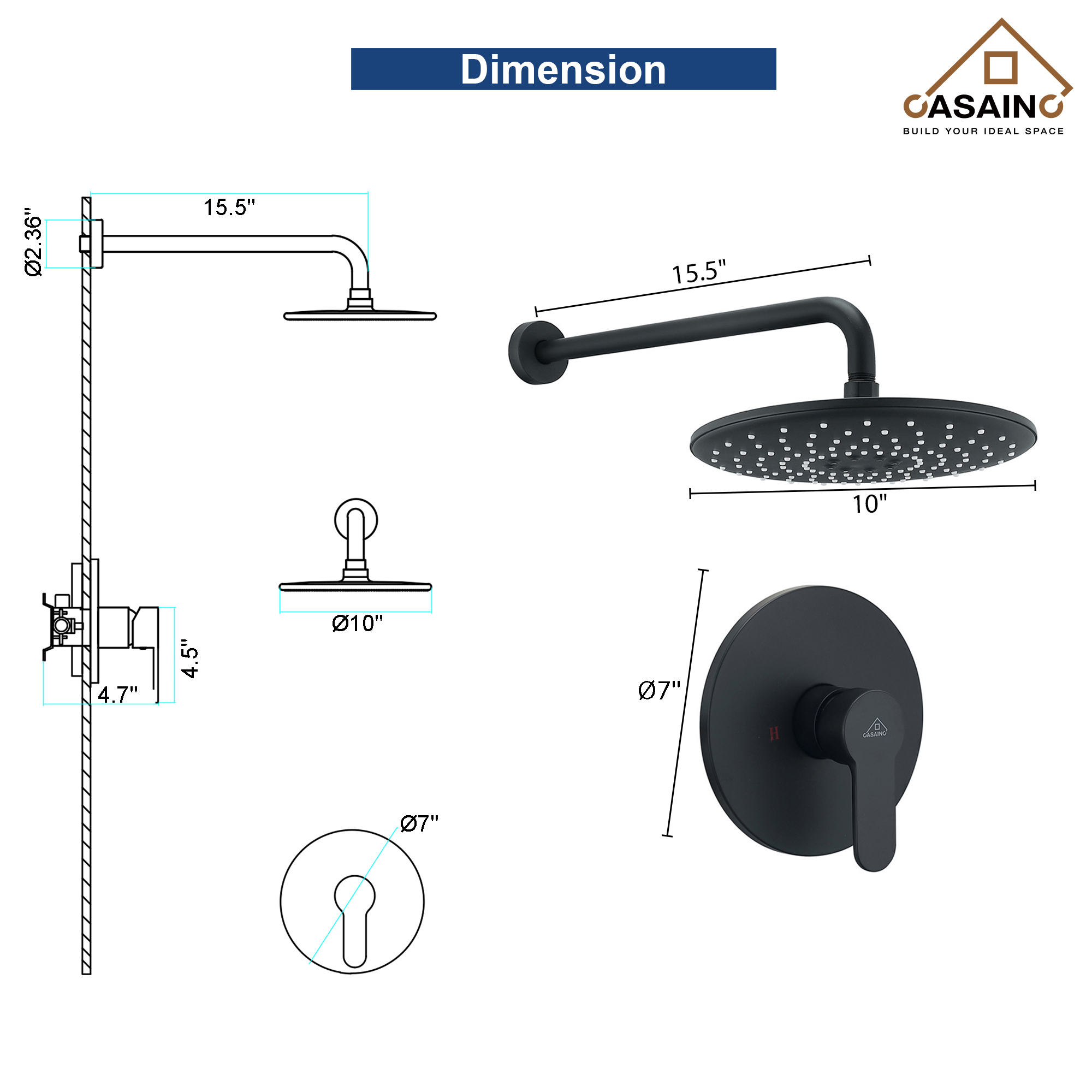10" Round Shower Faucet in Matte Black with Pressure Balanced Valve
