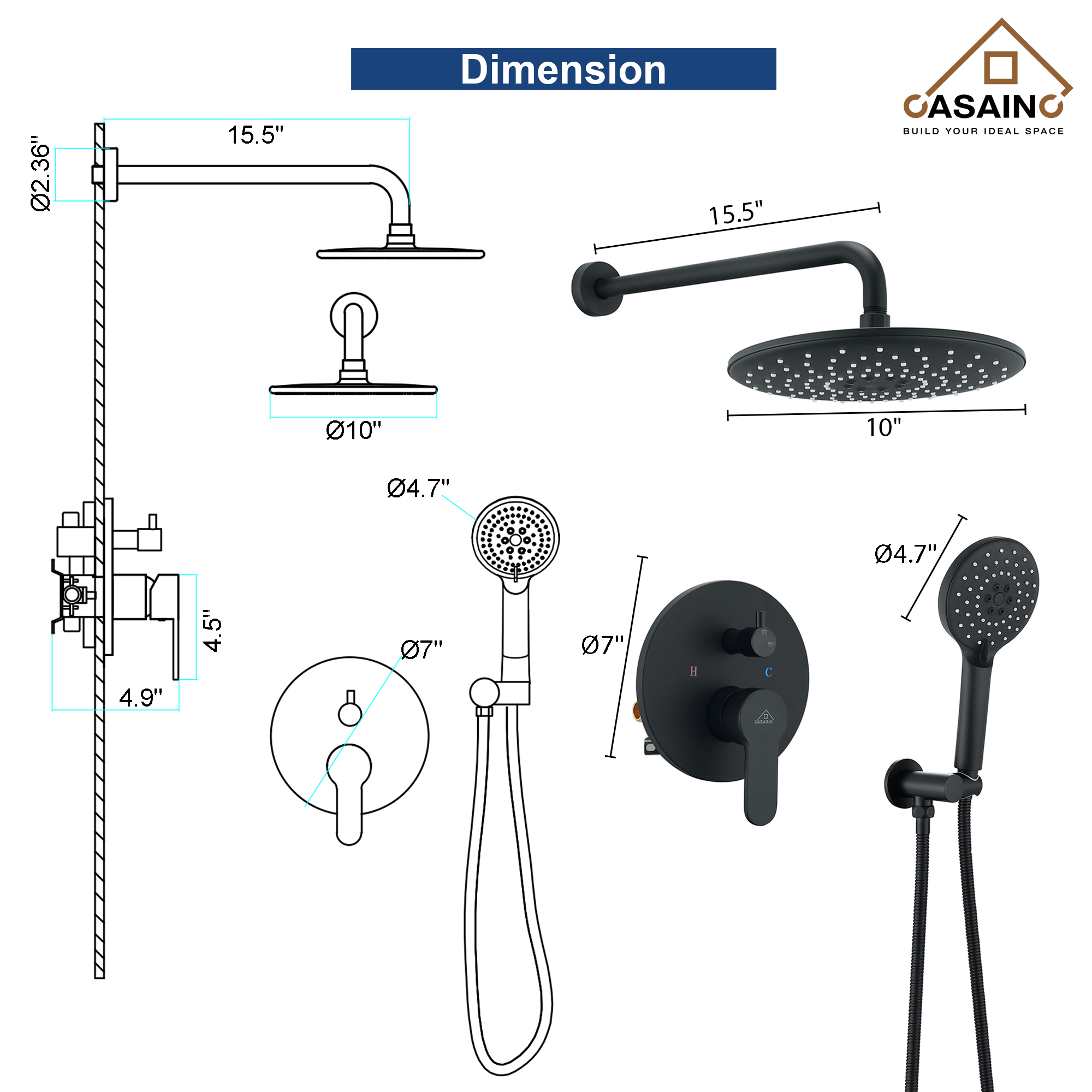 Casainc 3-Spray with 2.5 GPM 10 in. 2 Functions Wall Mount Dual Round Shower Heads in Spot in Matte Black (Valve Included)
