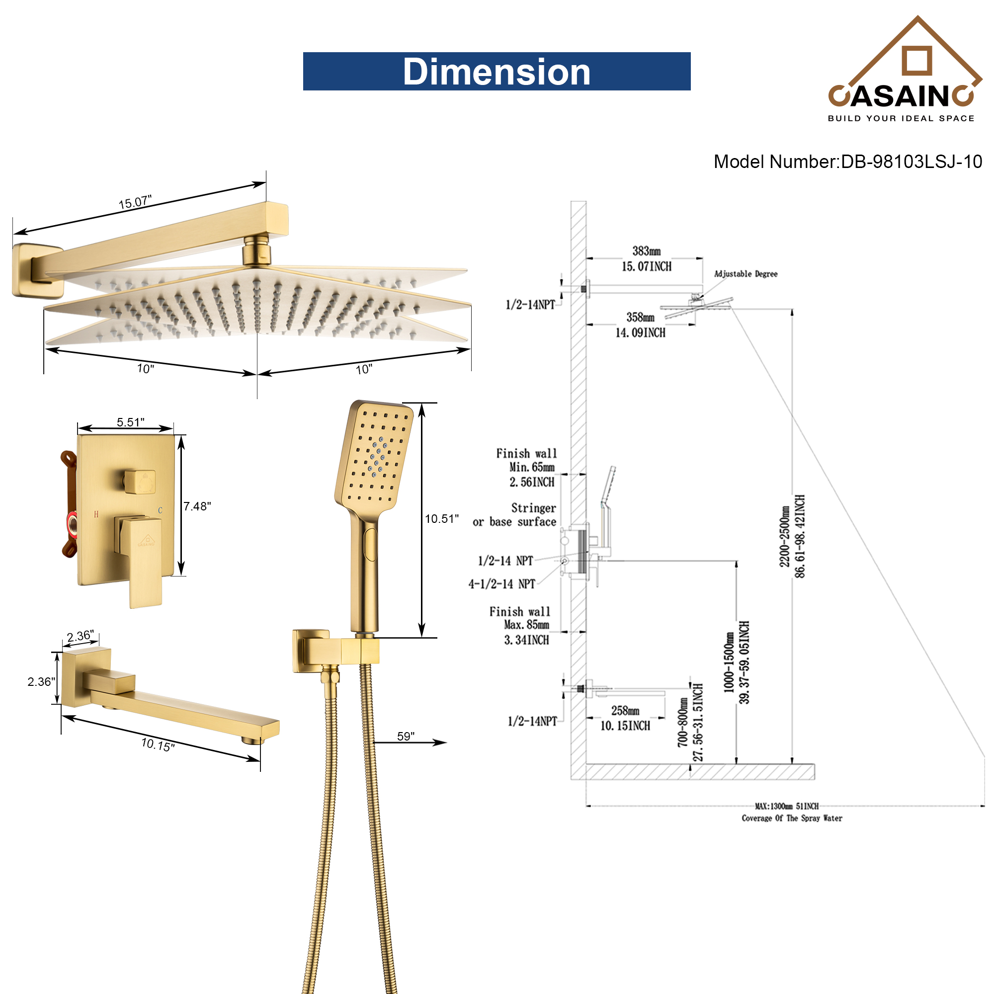 10" Brushed Gold Shower System Wall/Ceiling Mount Rain Shower System