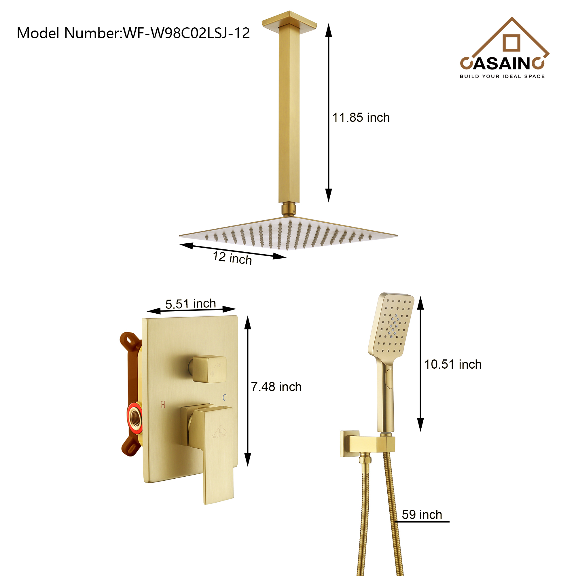 10" Brushed Gold Shower System Wall/Ceiling Mount Rain Shower System