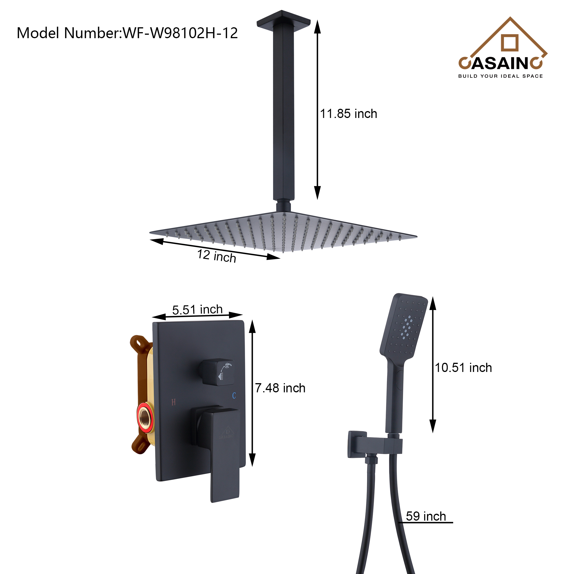 10" Square Ceiling Mounted Rain Shower System with Hand Shower