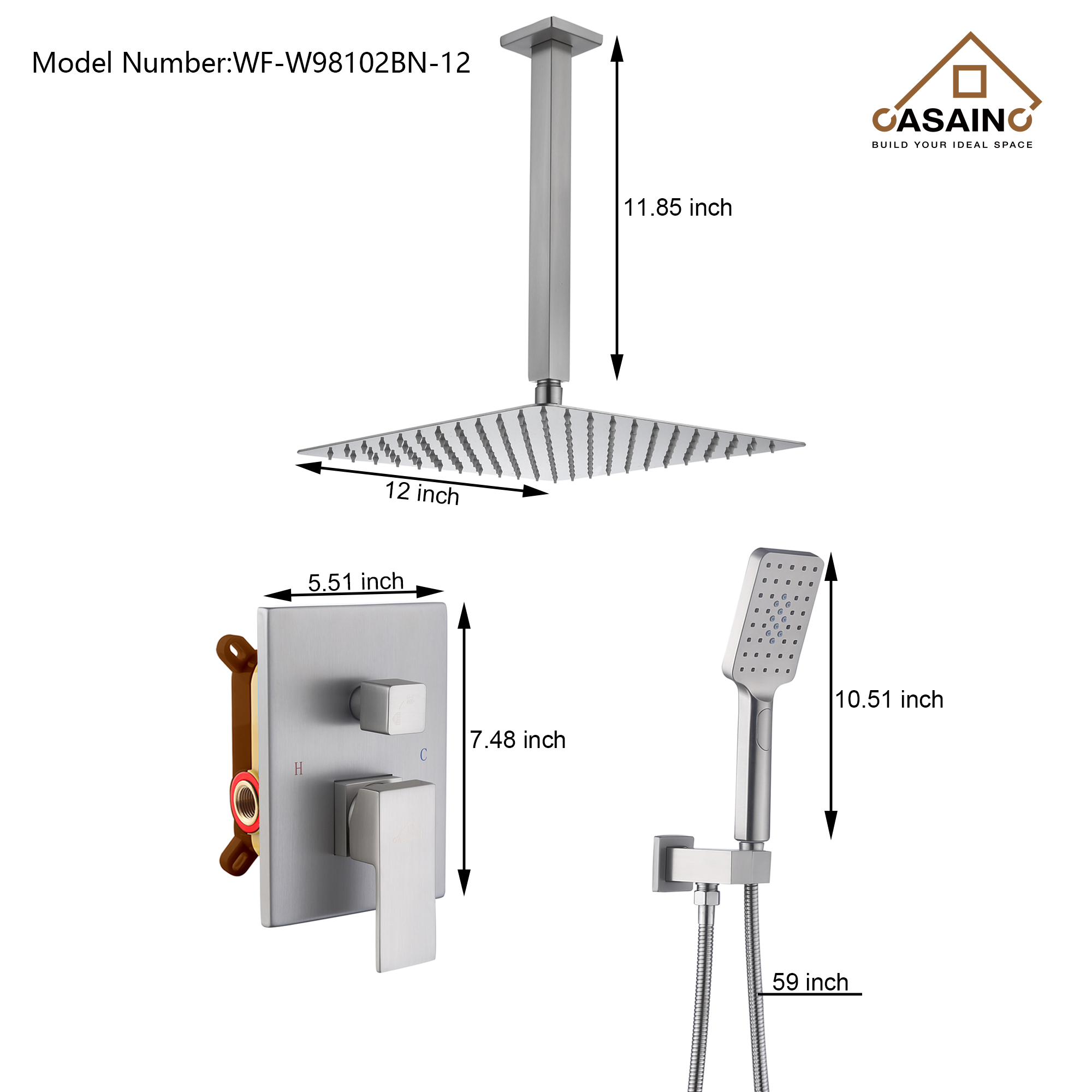 10" Square Ceiling Mounted Rain Shower System with Hand Shower