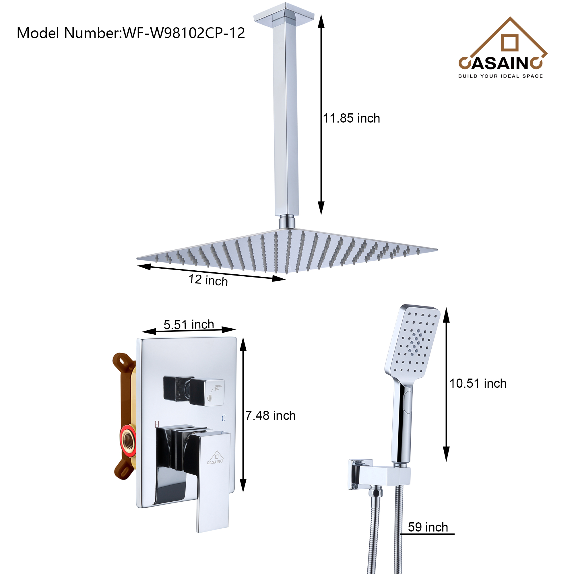 10" Square Ceiling Mounted Rain Shower System with Hand Shower