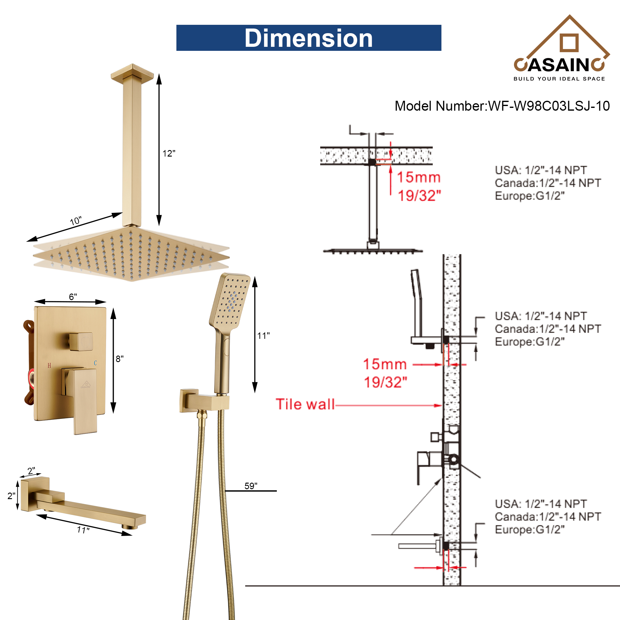 10 in./12 in. Ceiling Mount Shower System with Hand Shower & Tub Spout