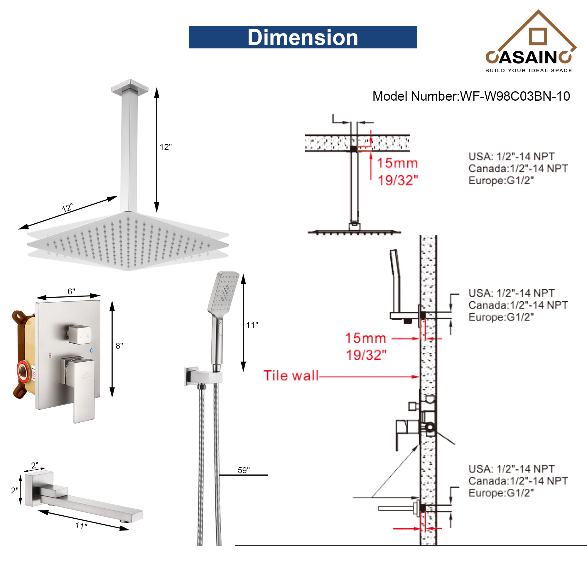 10 in./12 in. Ceiling Mount Shower System with Hand Shower & Tub Spout