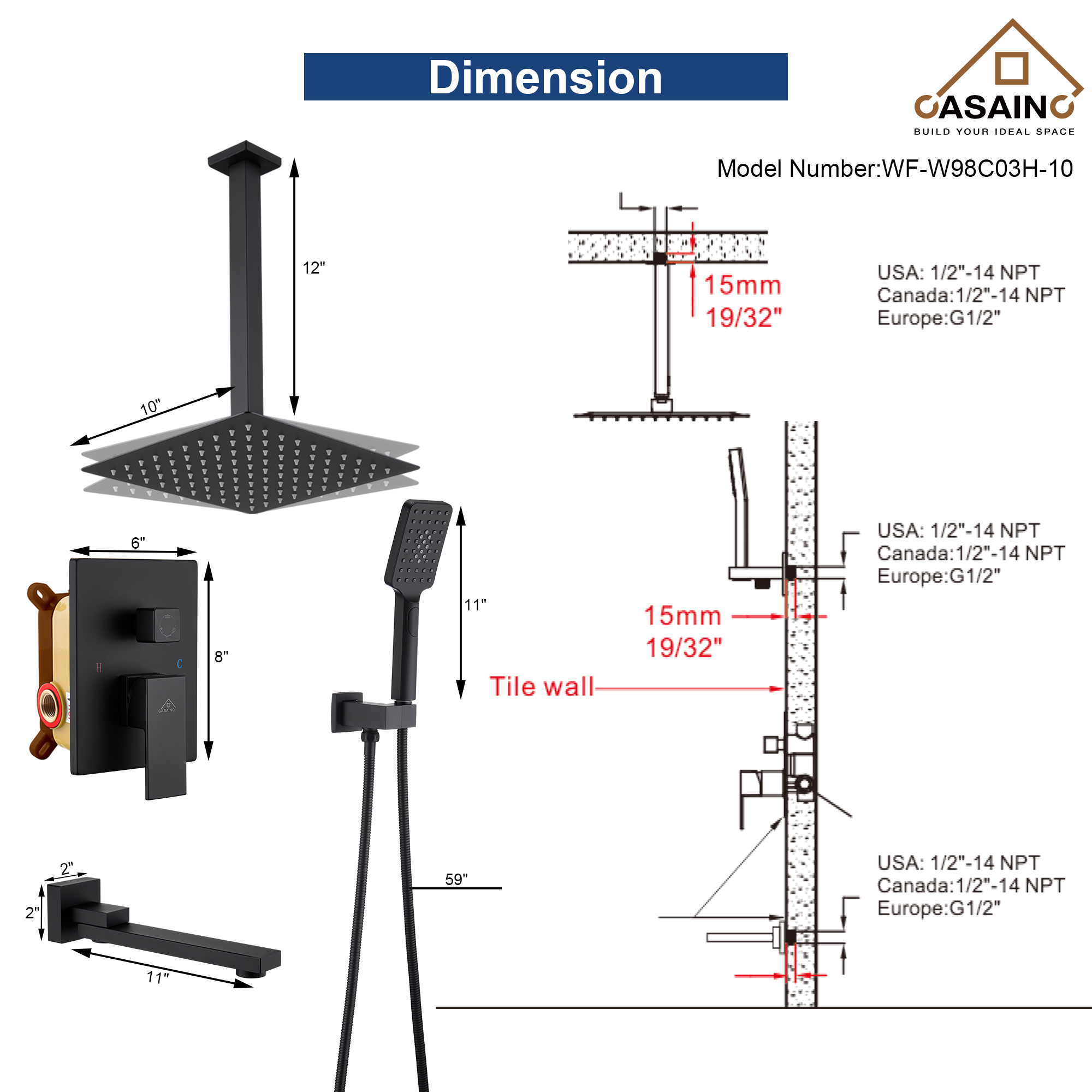 10 in./12 in. Ceiling Mount Shower System with Hand Shower & Tub Spout