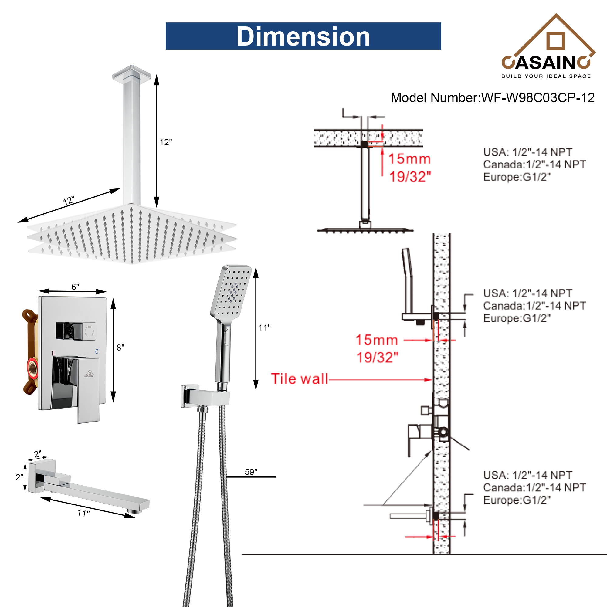 10 in./12 in. Ceiling Mount Shower System with Hand Shower & Tub Spout