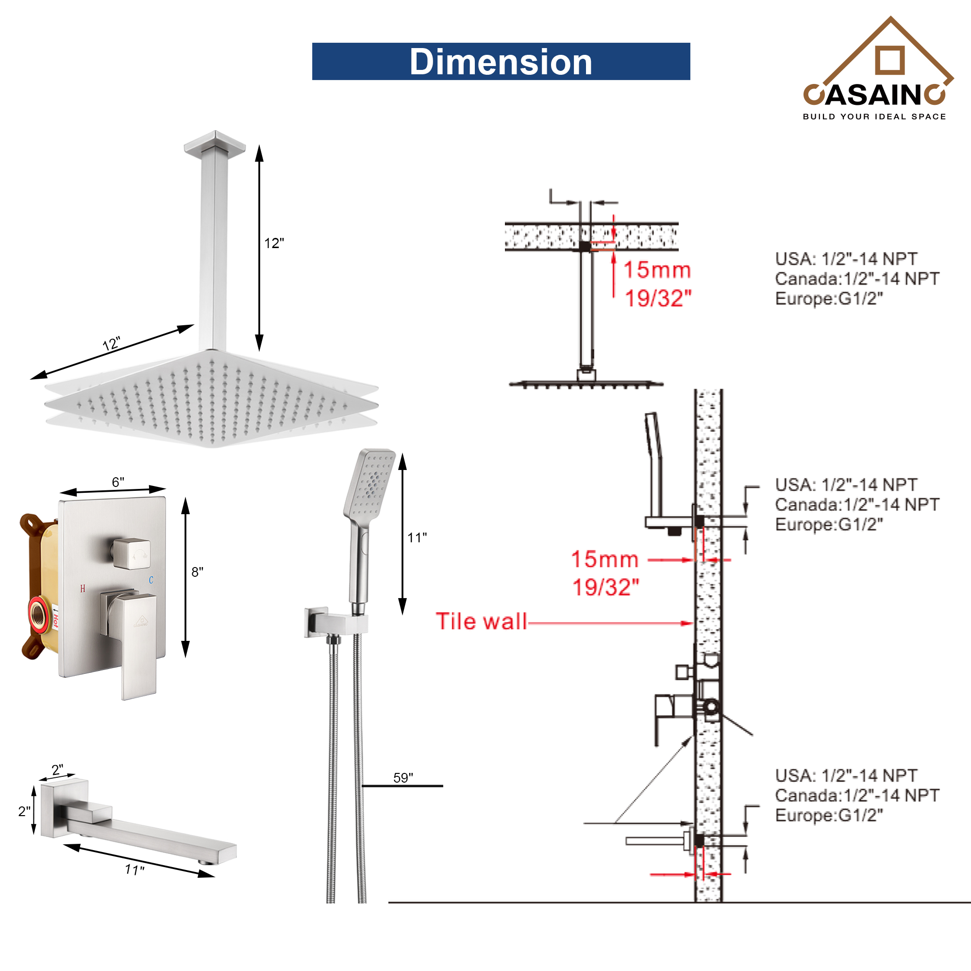 10 in./12 in. Ceiling Mount Shower System with Hand Shower & Tub Spout