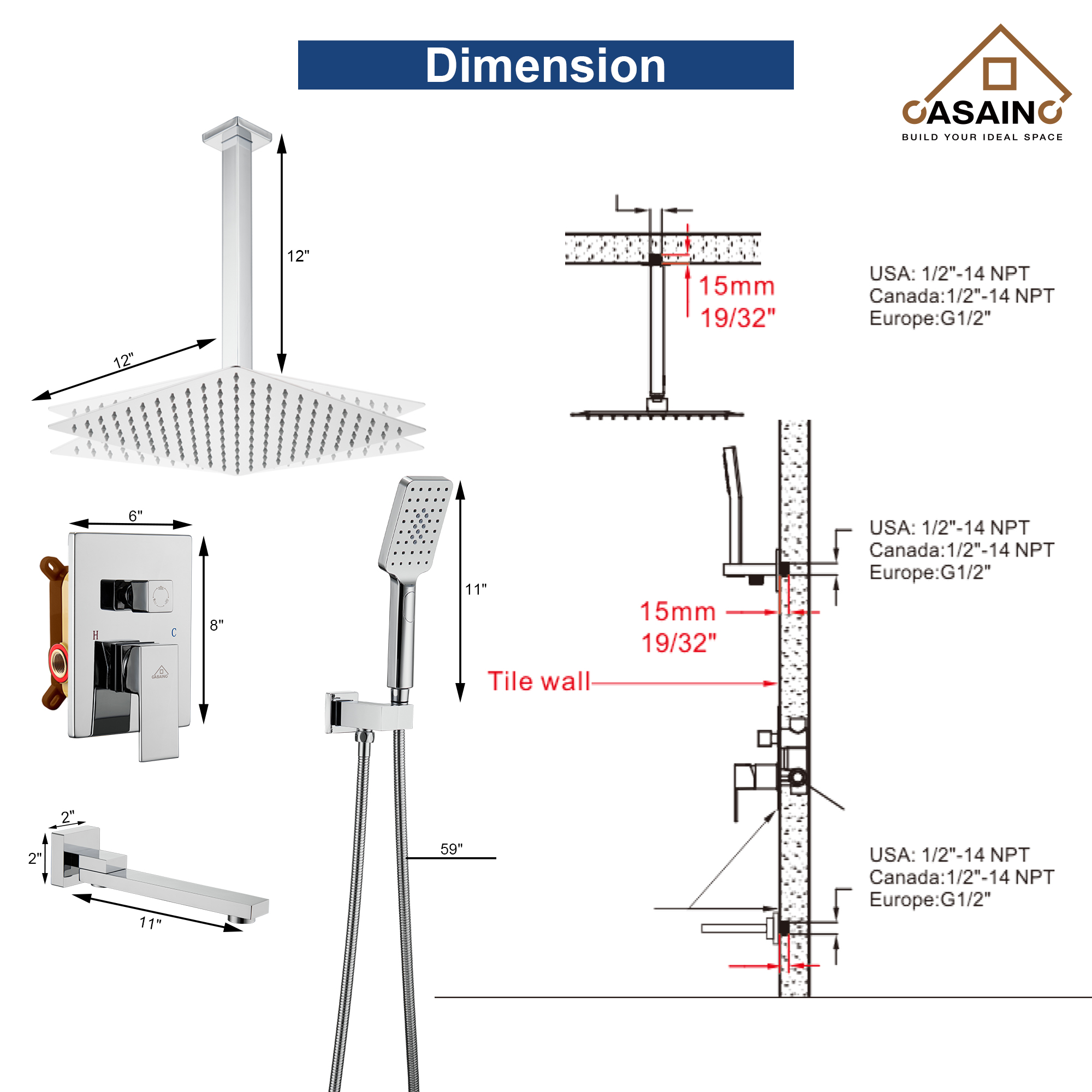 10 in./12 in. Ceiling Mount Shower System with Hand Shower & Tub Spout