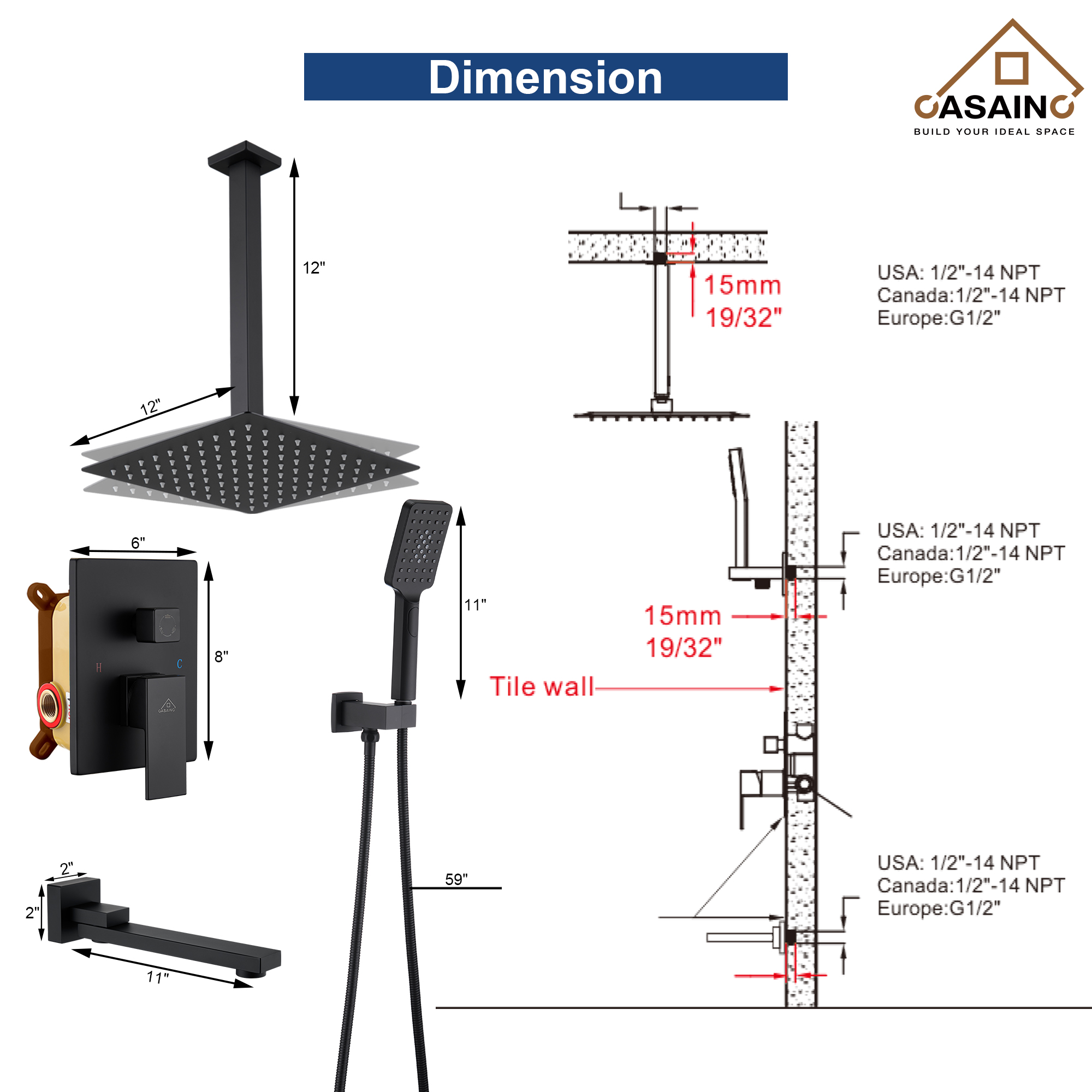 10 in./12 in. Ceiling Mount Shower System with Hand Shower & Tub Spout