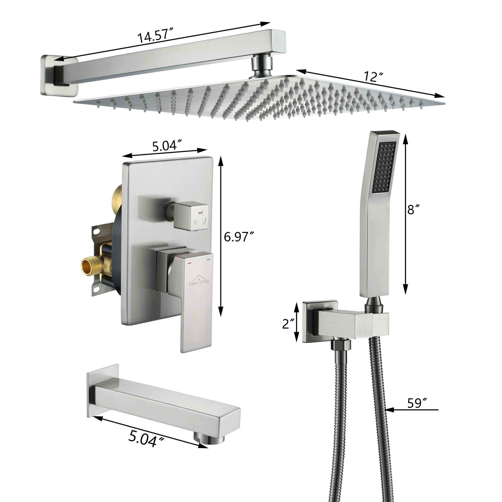 12-inch Wall Mounted 3-Function Shower System with Tub Spout