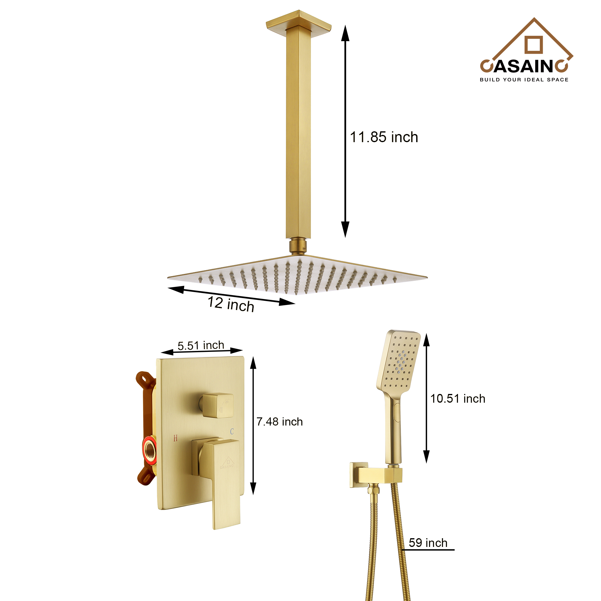 10" Brushed Gold Shower System Wall/Ceiling Mount Rain Shower System