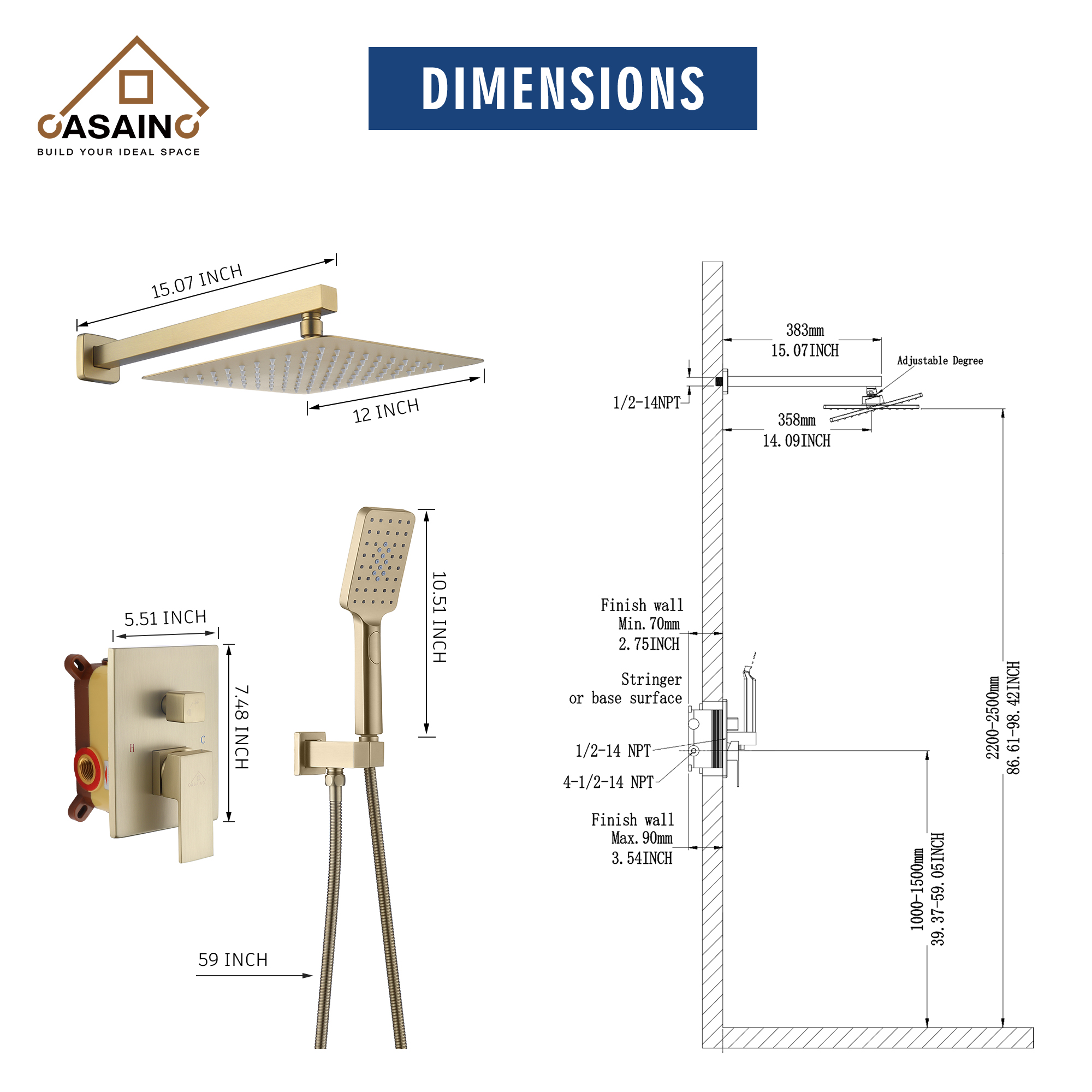 10" Brushed Gold Shower System Wall/Ceiling Mount Rain Shower System