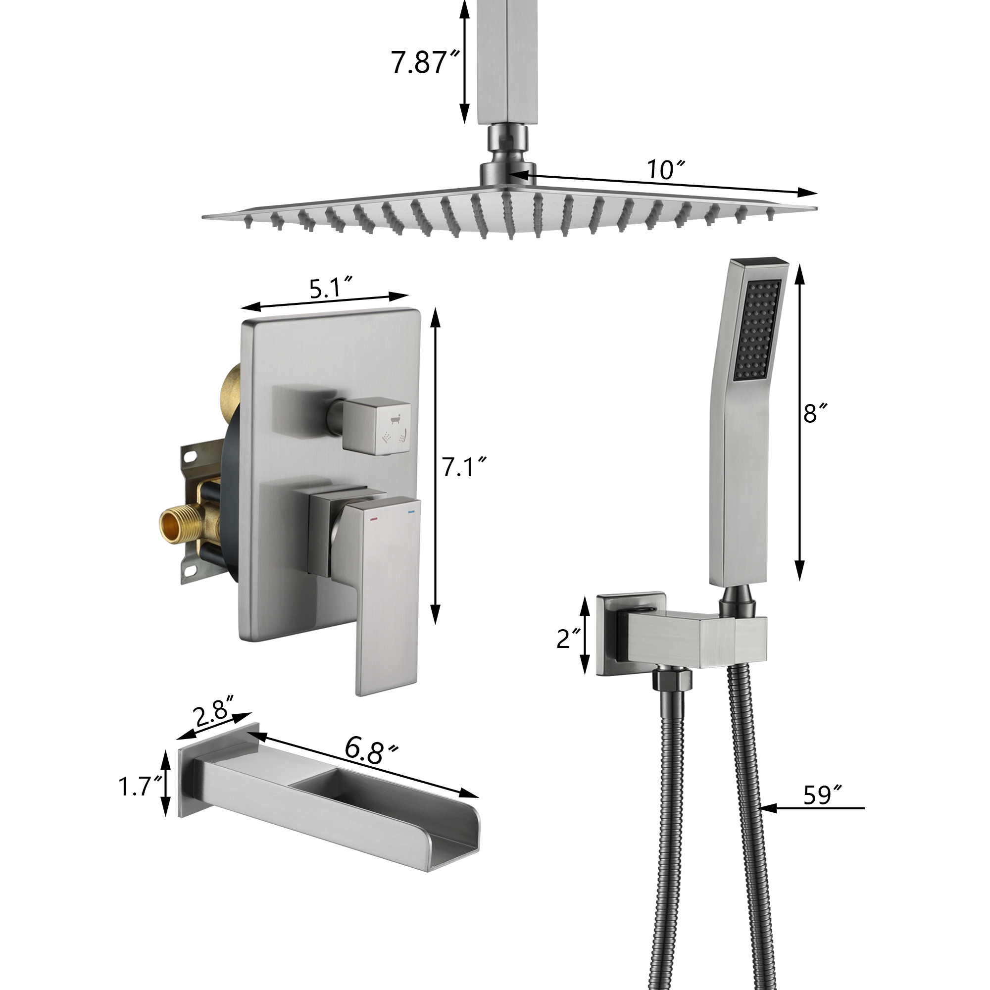 10-inch Ceiling-Mount 3-Function Shower System with Waterfall Tub Spout