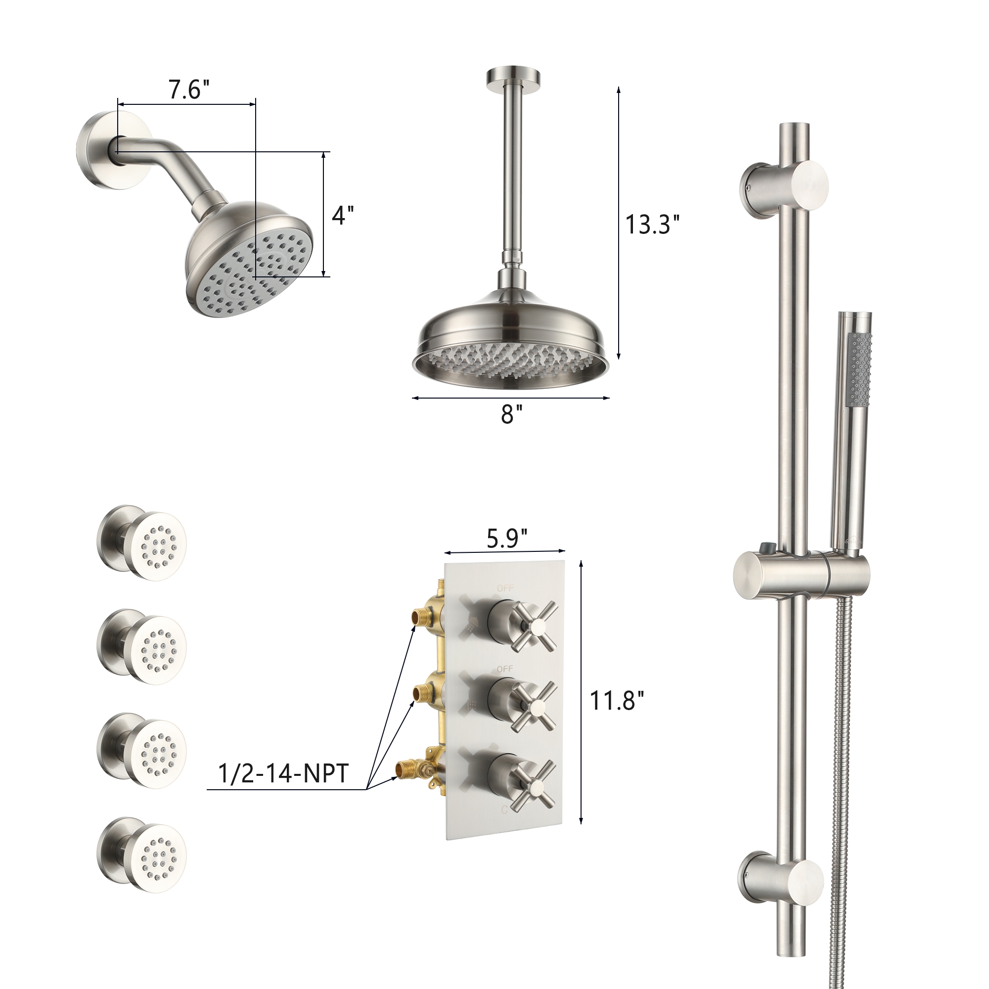 8-inch Dual Shower Head System with 4 Body Jets & Slide Bar