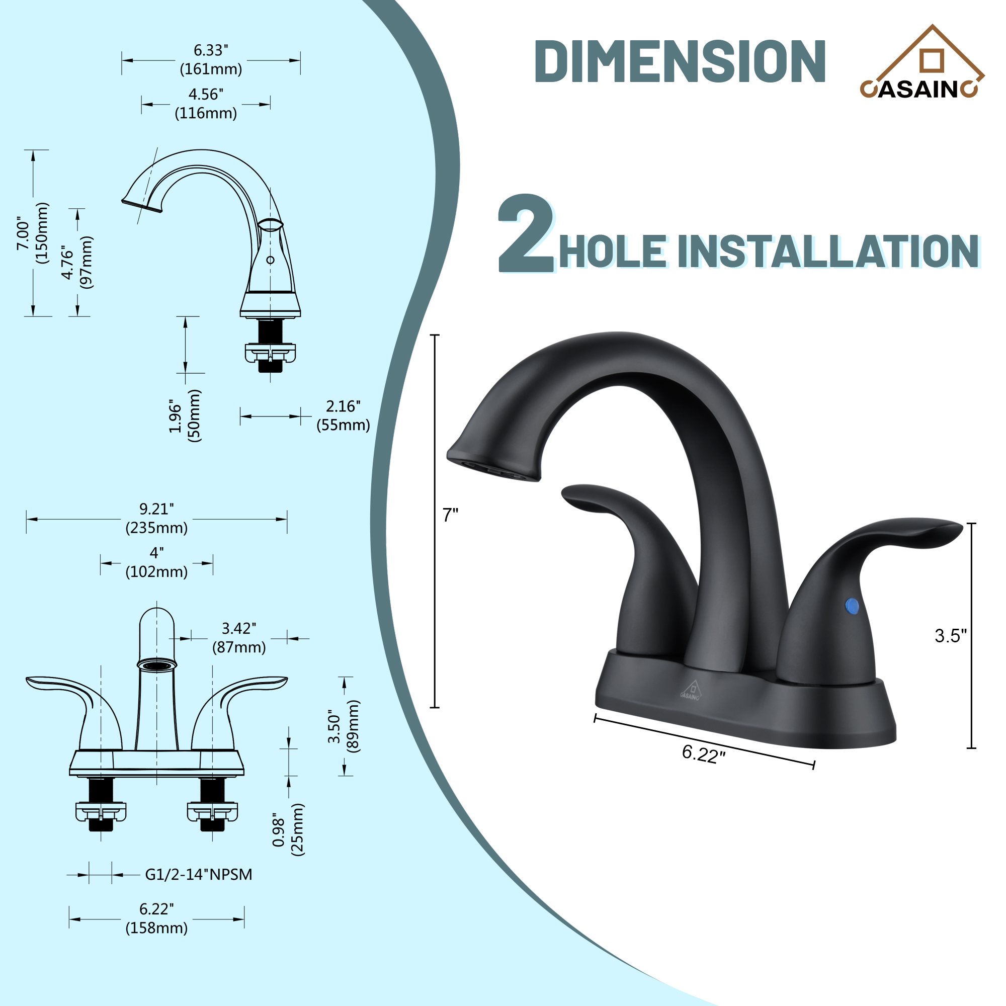 Casainc 4 Inch 2-Handle Centerset Bathroom Sink Faucet for 2-hole Centerset Sink Faucet