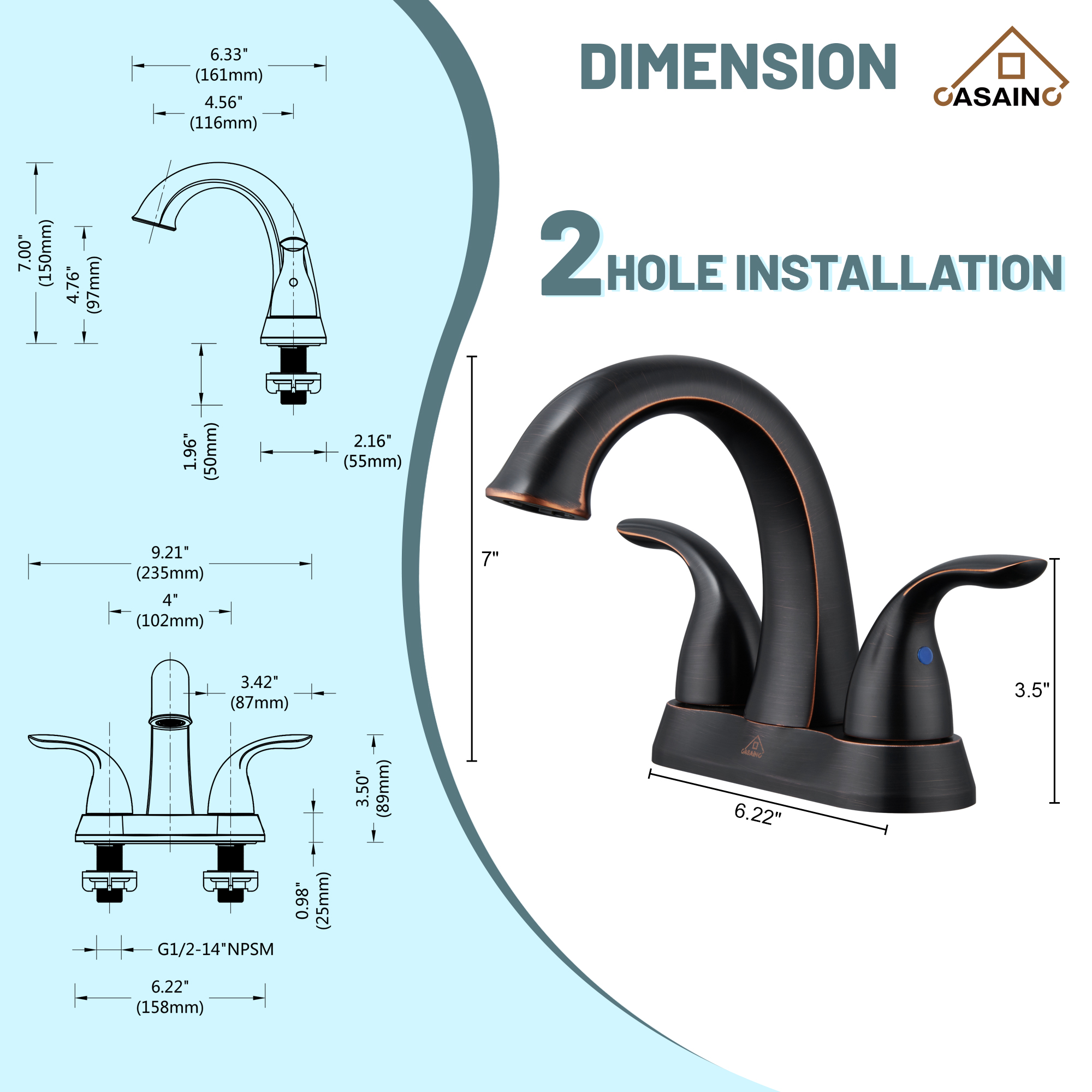 Casainc 4 Inch 2-Handle Centerset Bathroom Sink Faucet for 2-hole Centerset Sink Faucet