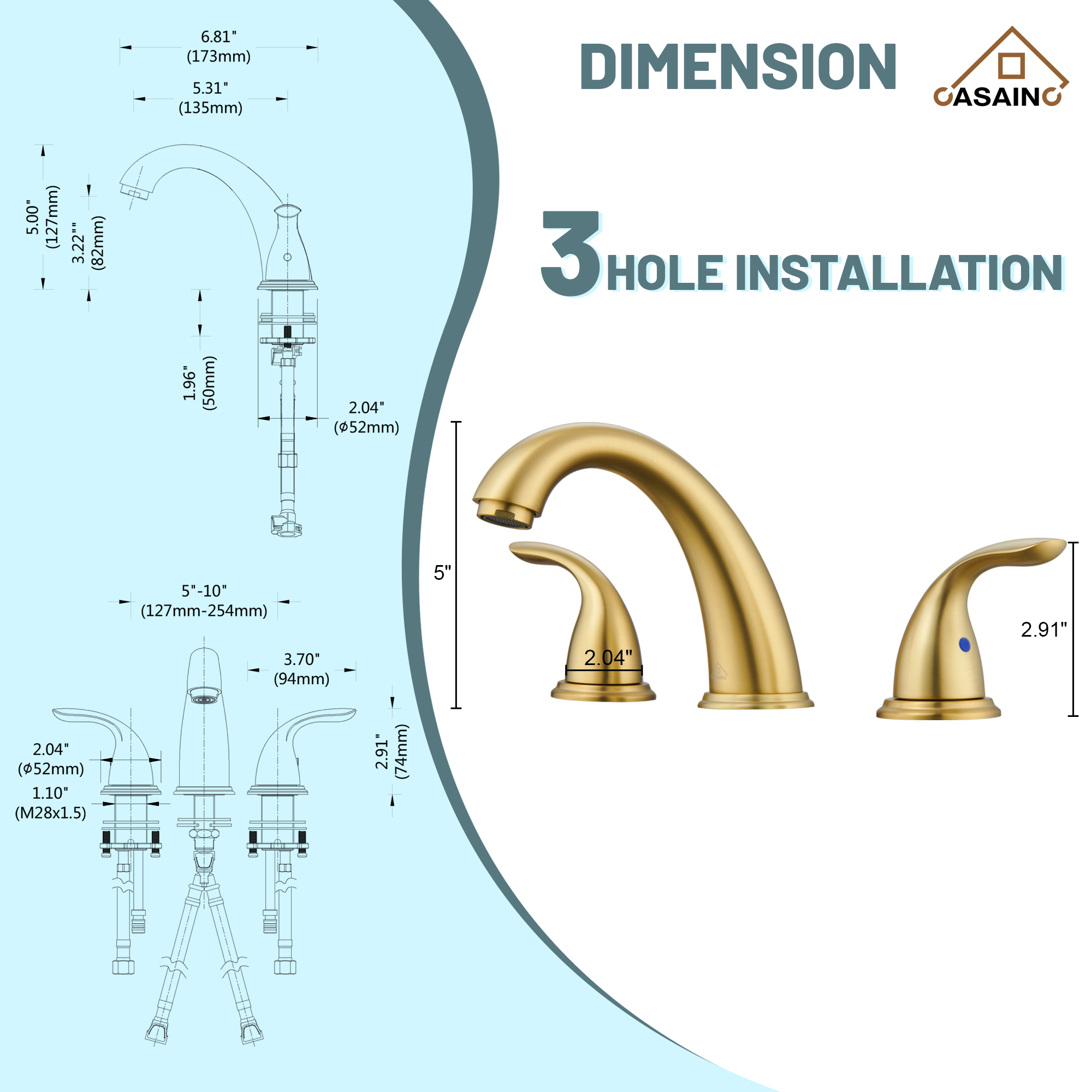 Casainc 4 Inch 2-Handle Bathroom Sink Faucet with Drain Assembly Matte Black/Brushed Nickel/Oil Rubbed Bronz/Brushed Gold 