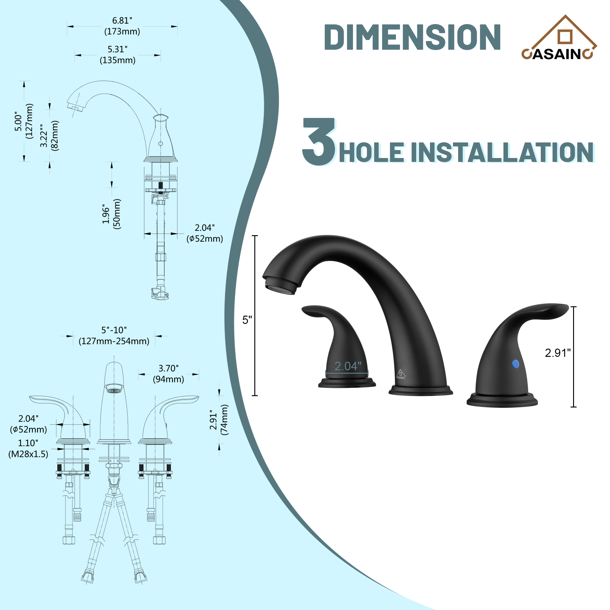 Casainc 4 Inch 2-Handle Bathroom Sink Faucet with Drain Assembly Matte Black/Brushed Nickel/Oil Rubbed Bronz/Brushed Gold 