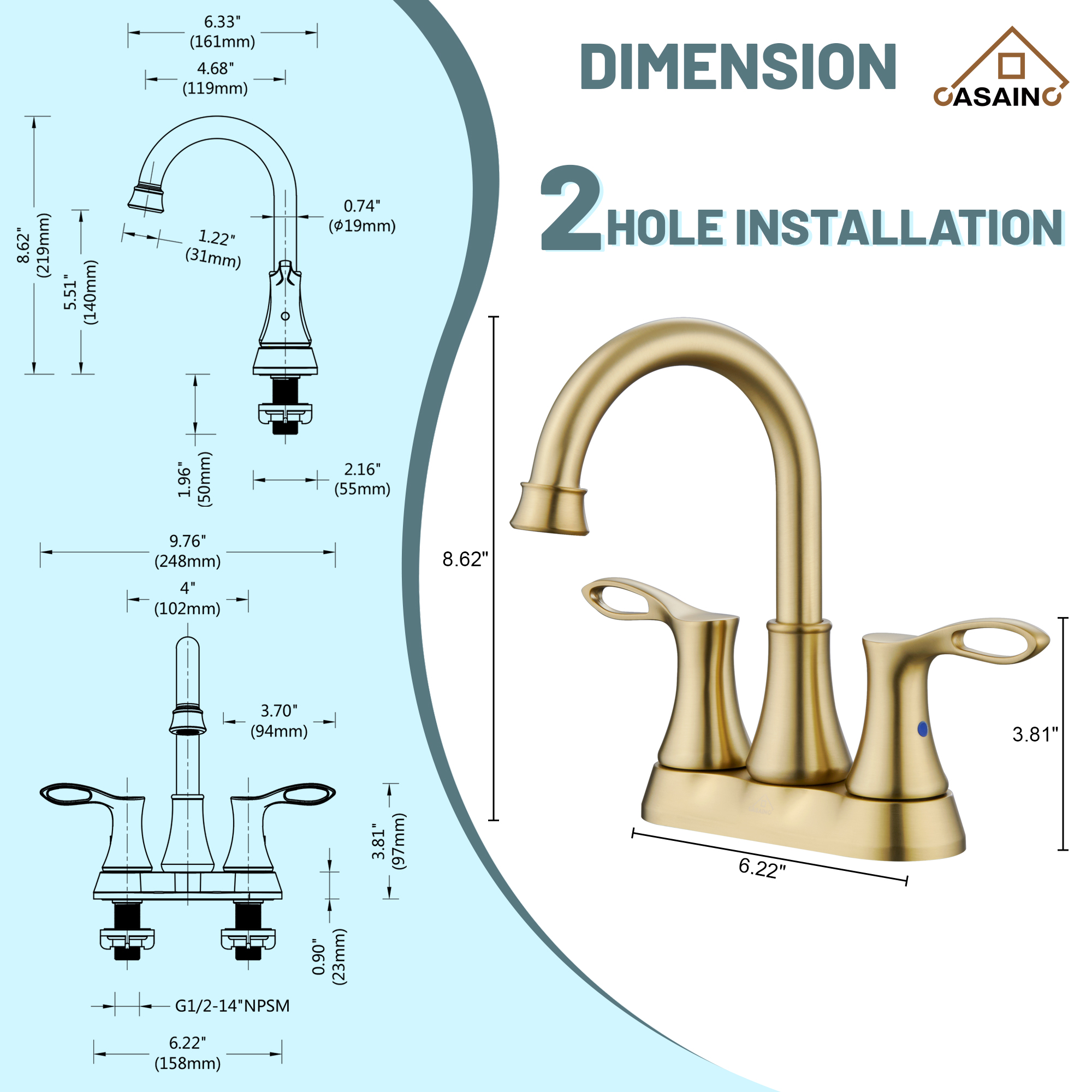 Casainc 4 Inch 2-Handle Centerset Bathroom Sink Faucet 360° Swivel Spout Vanity Faucet