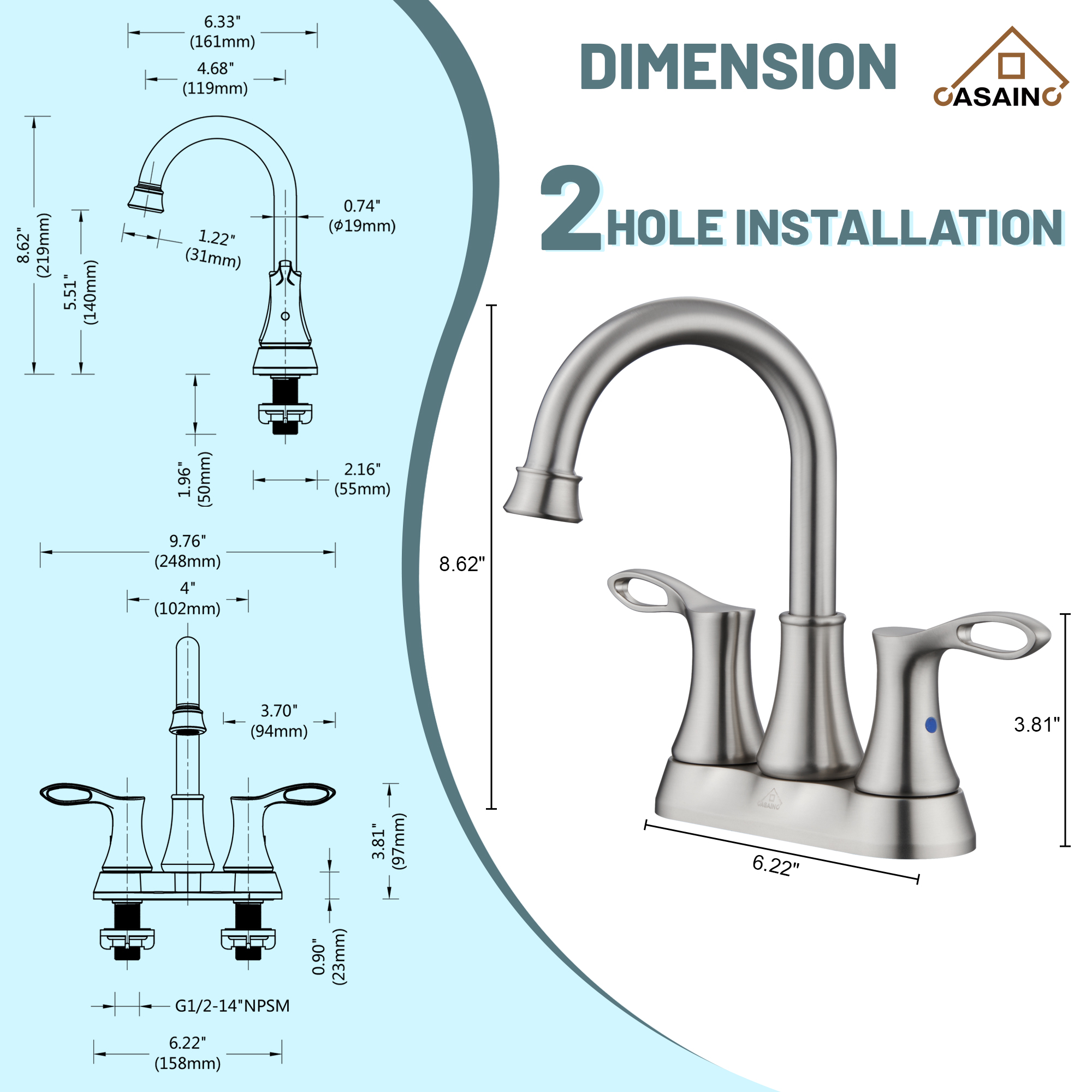 Casainc 4 Inch 2-Handle Centerset Bathroom Sink Faucet 360° Swivel Spout Vanity Faucet