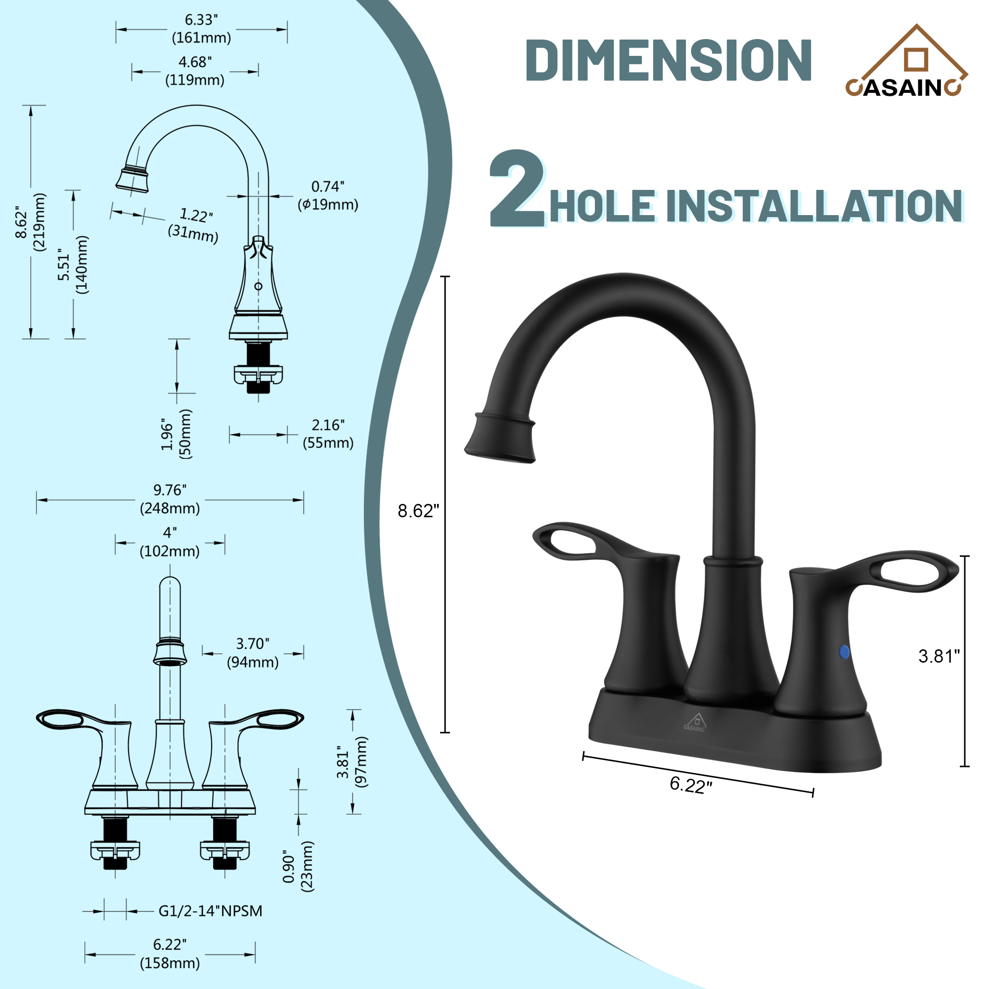 Casainc 4 Inch 2-Handle Centerset Bathroom Sink Faucet 360° Swivel Spout Vanity Faucet