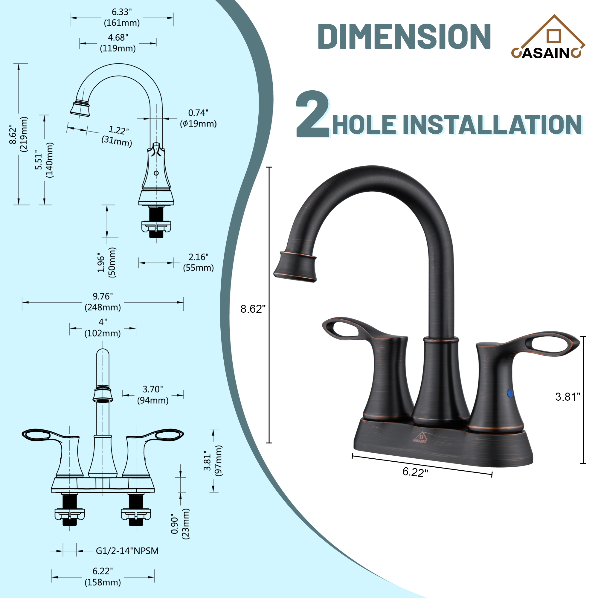 Casainc 4 Inch 2-Handle Centerset Bathroom Sink Faucet 360° Swivel Spout Vanity Faucet