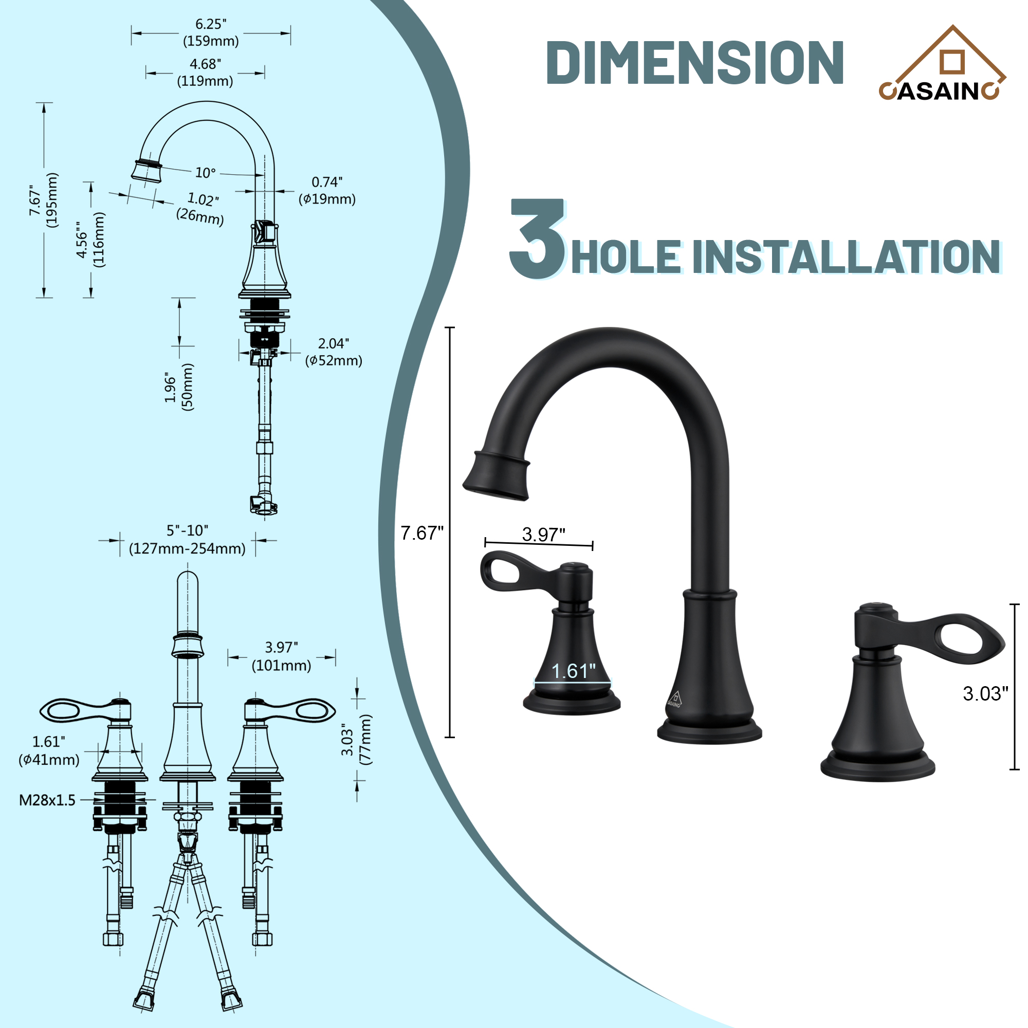 Casainc 8" Brass Bathroom Sink Faucet 3 Hole Gold Bathroom Faucet  2 Handle Gold Faucet for Bathroom Sink with Pop-up Drain Assembly Widespread Vanity Faucets