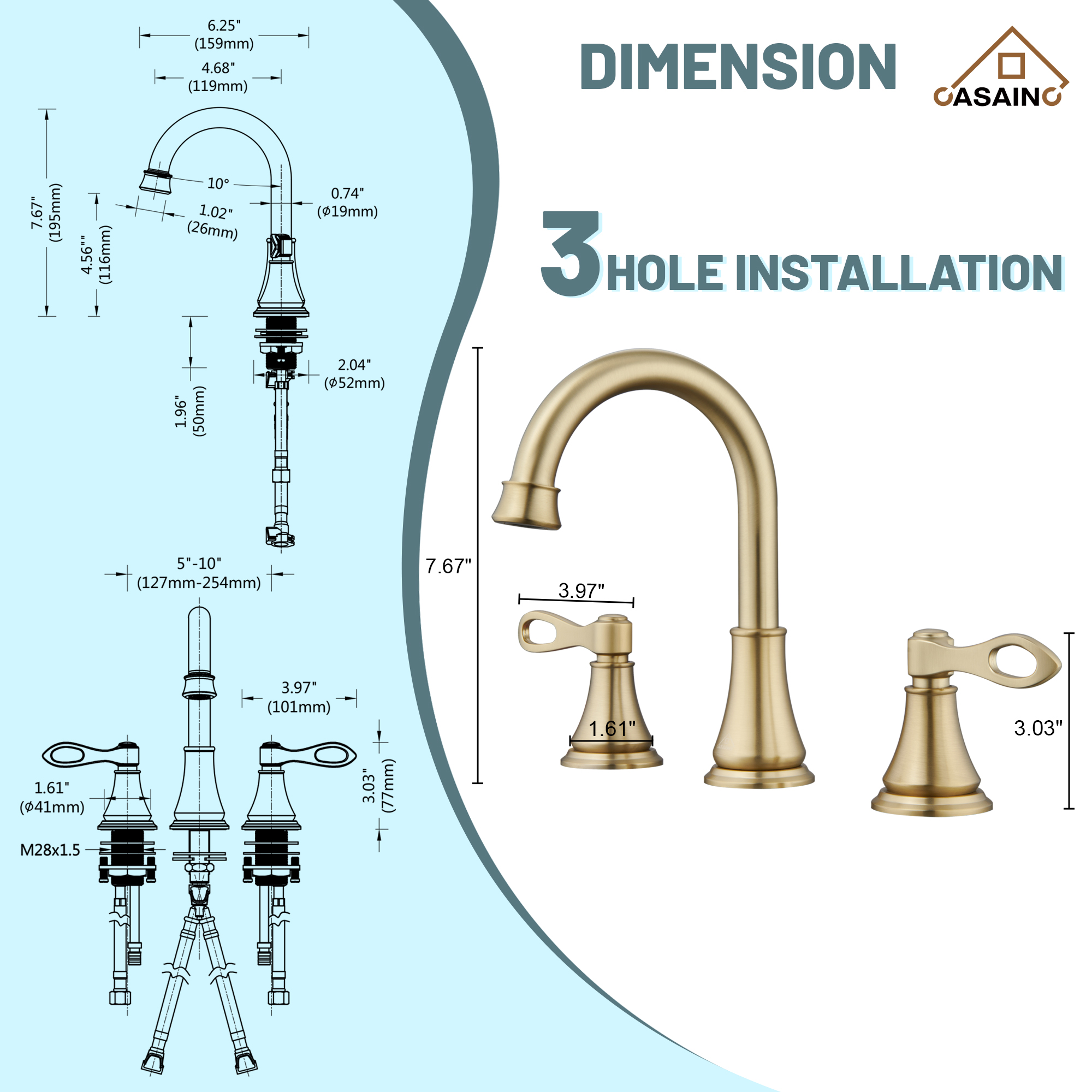 Casainc 8" Brass Bathroom Sink Faucet 3 Hole Gold Bathroom Faucet  2 Handle Gold Faucet for Bathroom Sink with Pop-up Drain Assembly Widespread Vanity Faucets