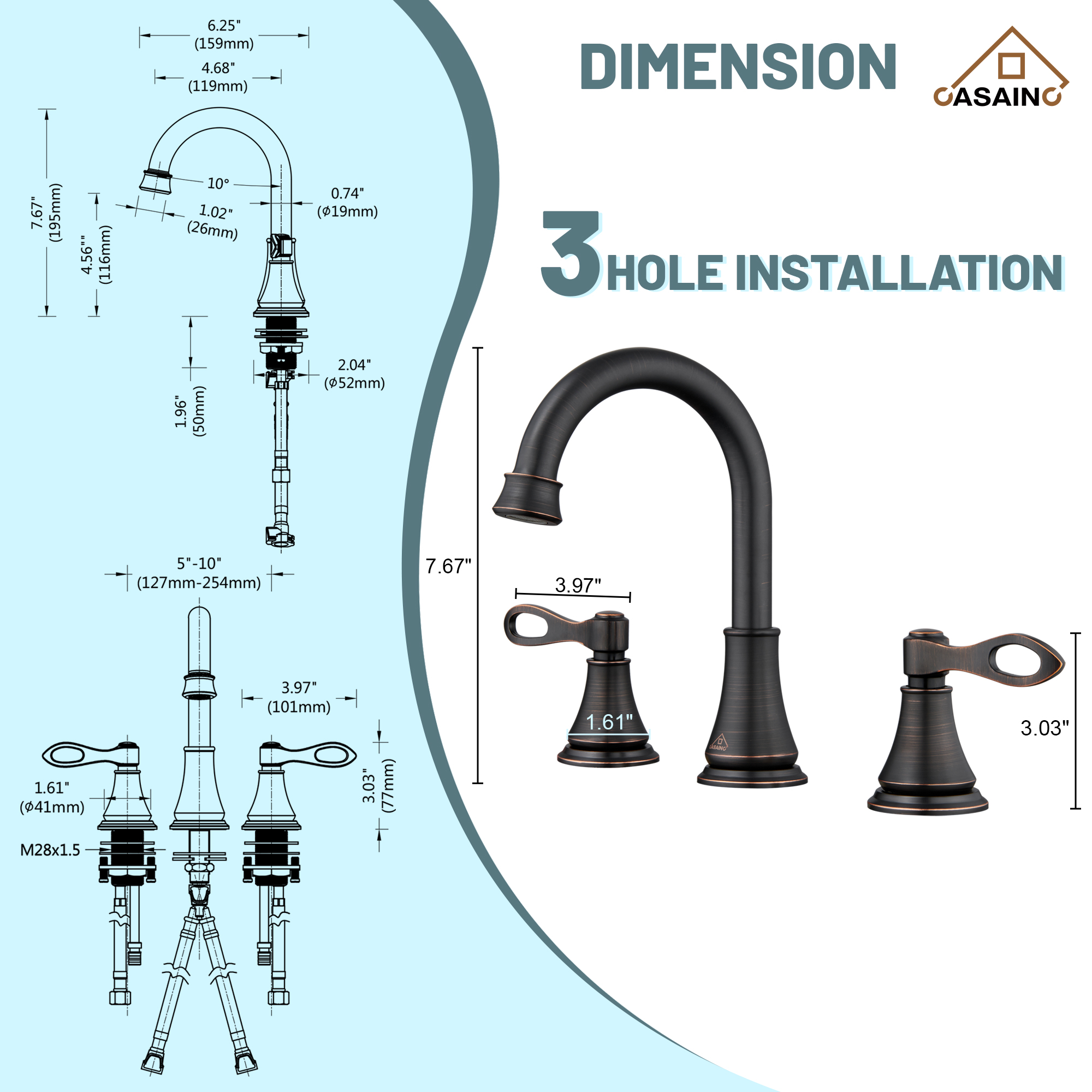 Casainc 8" Brass Bathroom Sink Faucet 3 Hole Gold Bathroom Faucet  2 Handle Gold Faucet for Bathroom Sink with Pop-up Drain Assembly Widespread Vanity Faucets