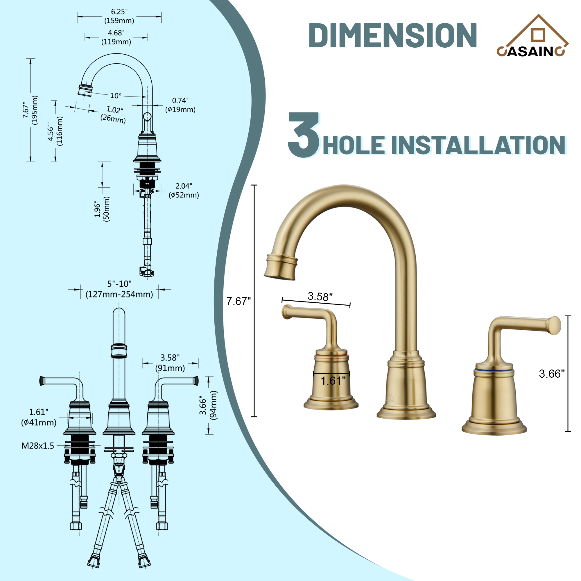 Casainc 8" Brass Bathroom Sink Faucet 2 Handle 3 Hole Gold Bathroom Faucet for Bathroom Sink with Pop-up Drain Assembly Widespread Vanity Faucets