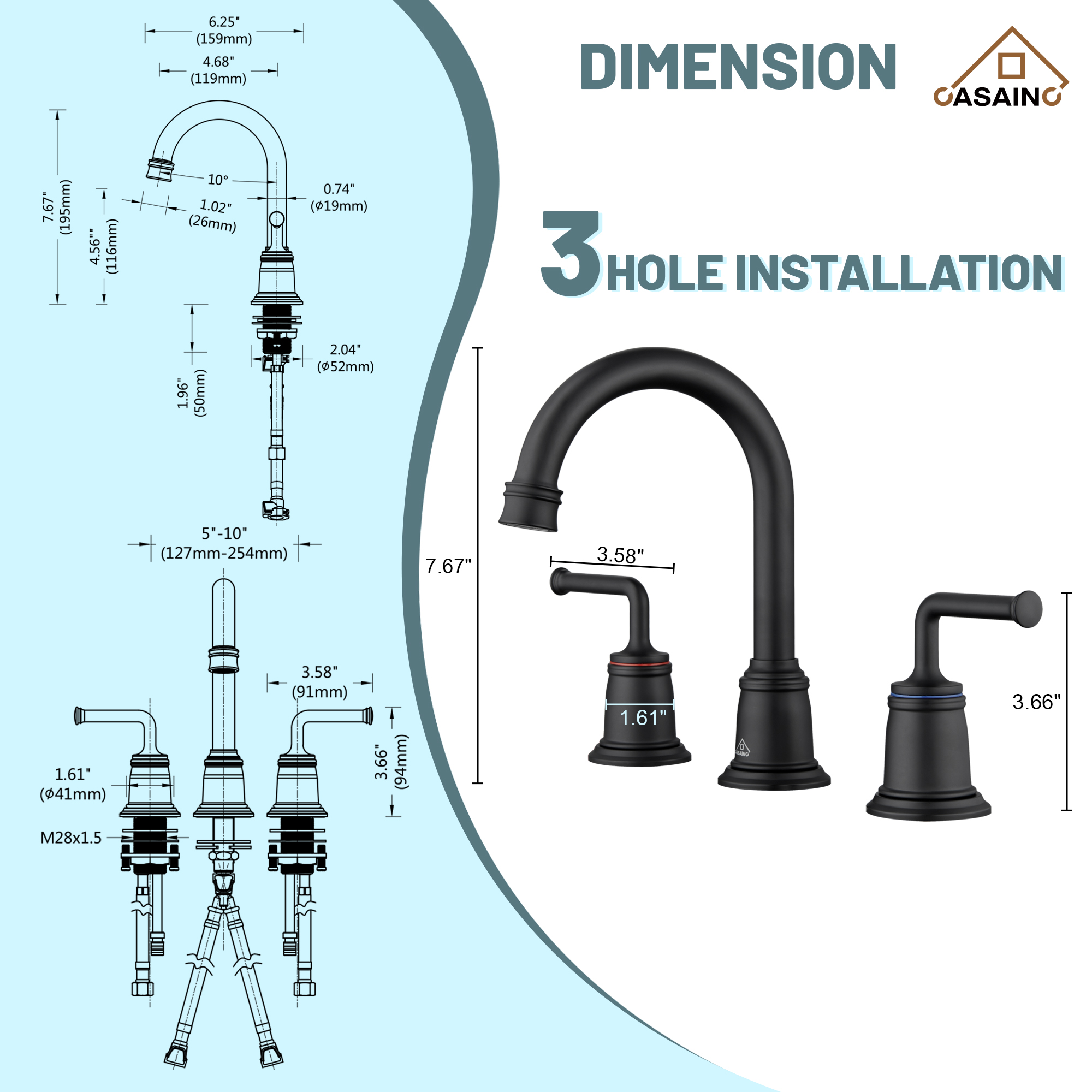 Casainc 8" Brass Bathroom Sink Faucet 2 Handle 3 Hole Gold Bathroom Faucet for Bathroom Sink with Pop-up Drain Assembly Widespread Vanity Faucets