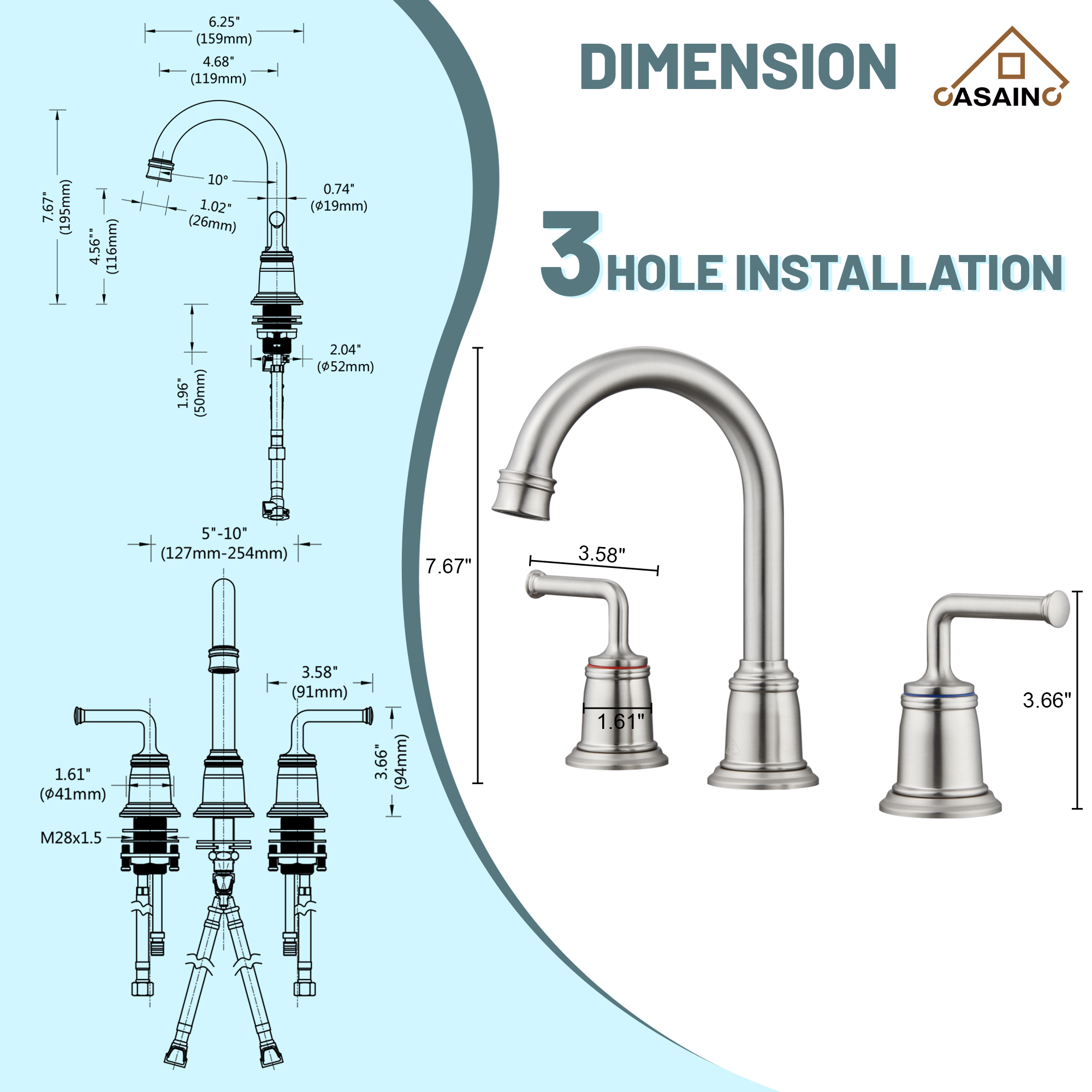 Casainc 8" Brass Bathroom Sink Faucet 2 Handle 3 Hole Gold Bathroom Faucet for Bathroom Sink with Pop-up Drain Assembly Widespread Vanity Faucets