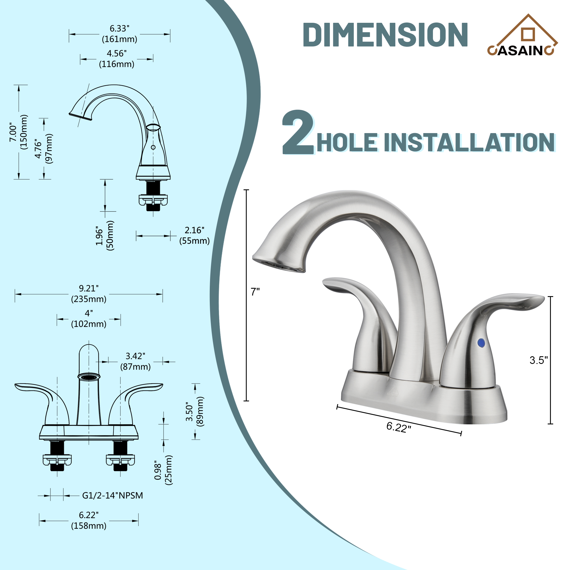 Casainc 4 Inch 2-Handle Centerset Bathroom Sink Faucet for 2-hole Centerset Sink Faucet