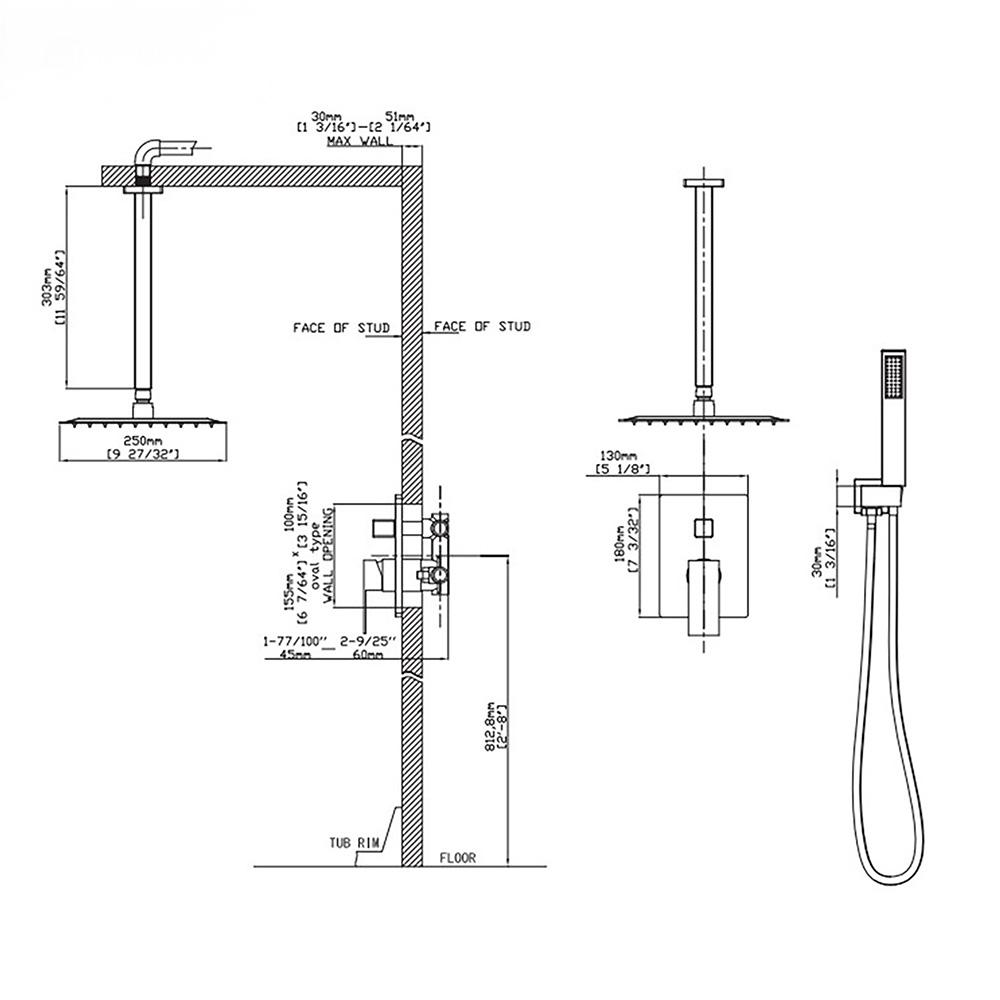 10" Square Bathroom Ceiling-Mount Shower System with Handheld Shower