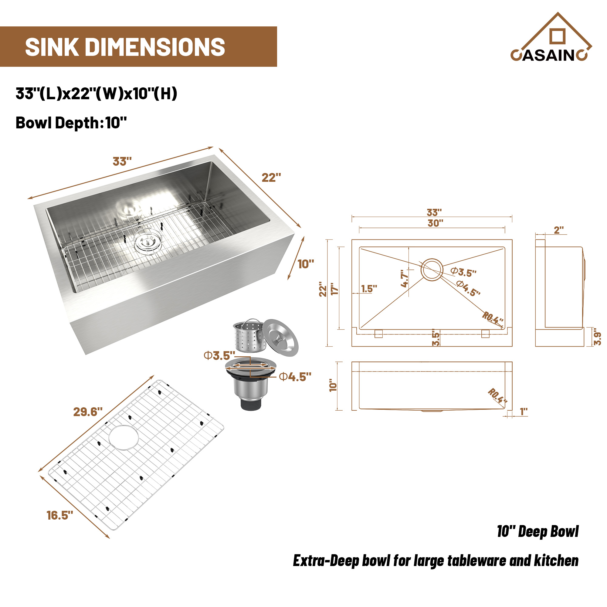 33 Inch Farmhouse Sink Stainless Steel Kitchen Sink Apron Front Stainless Steel 18 Gauge Single Bowl Kitchen Farm Sink Basin