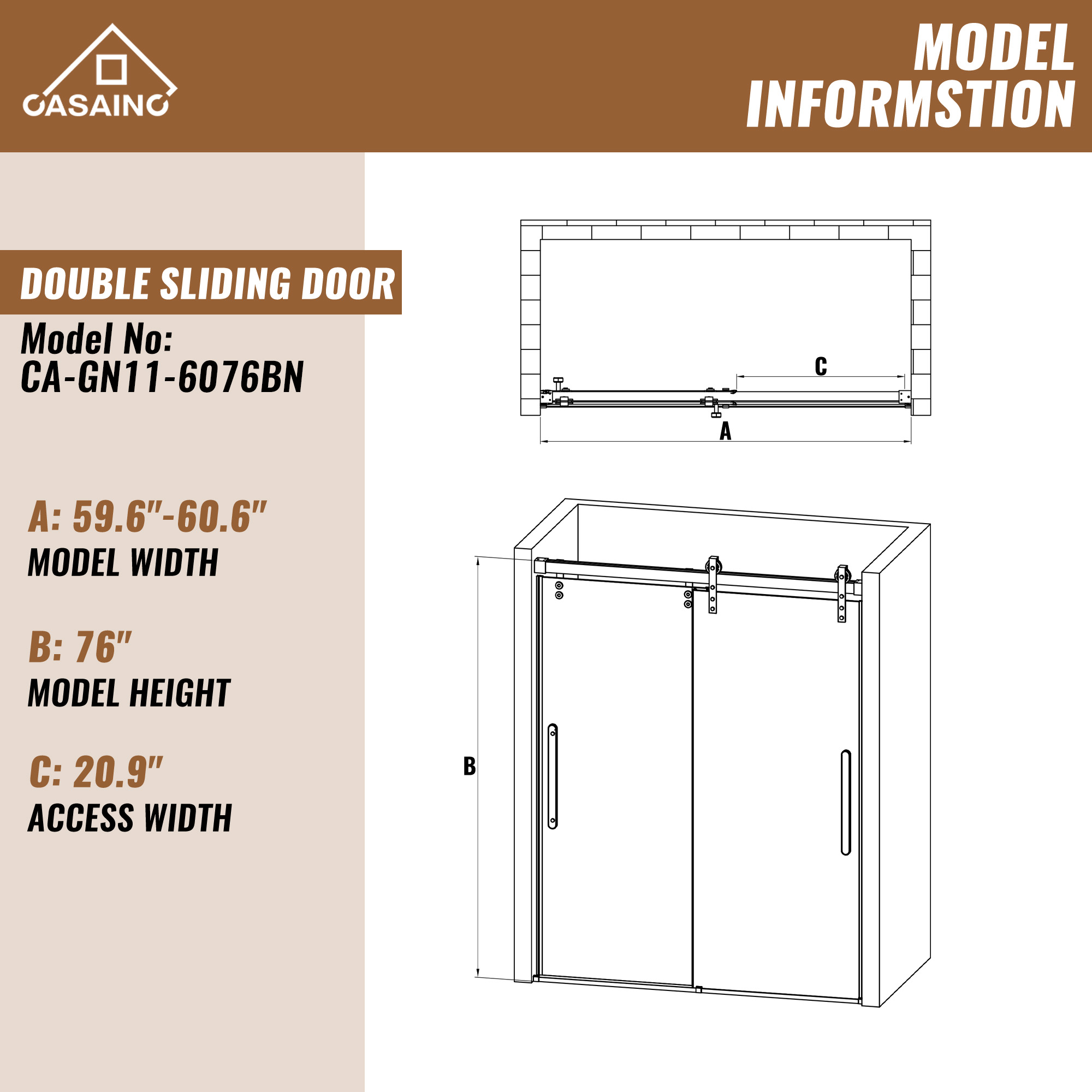 60 in. W x 76 in. H Frameless Shower Door in Matte Black with Tempered Glass